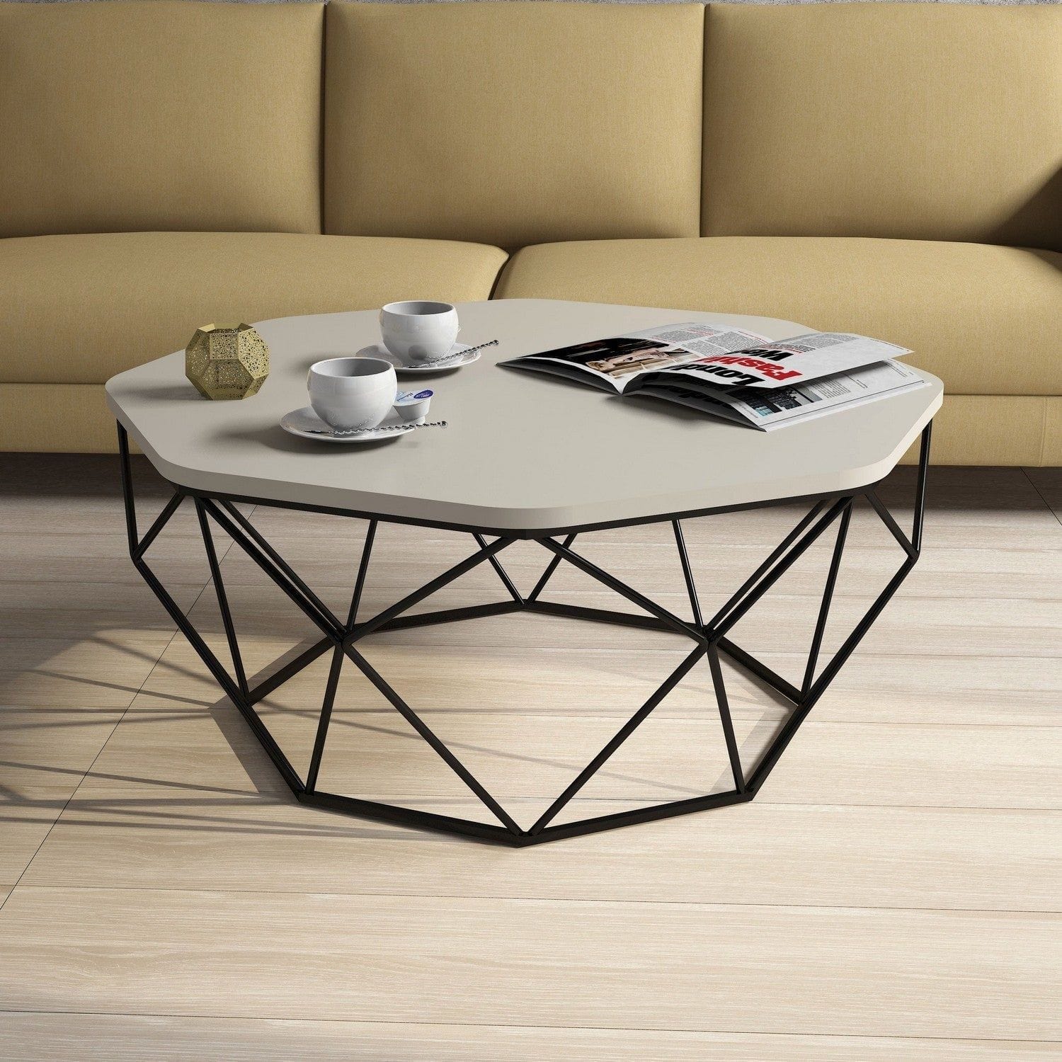 Masuta cafea Diamond, bej/negru, PAL melaminat/metal, 90x38x90 cm