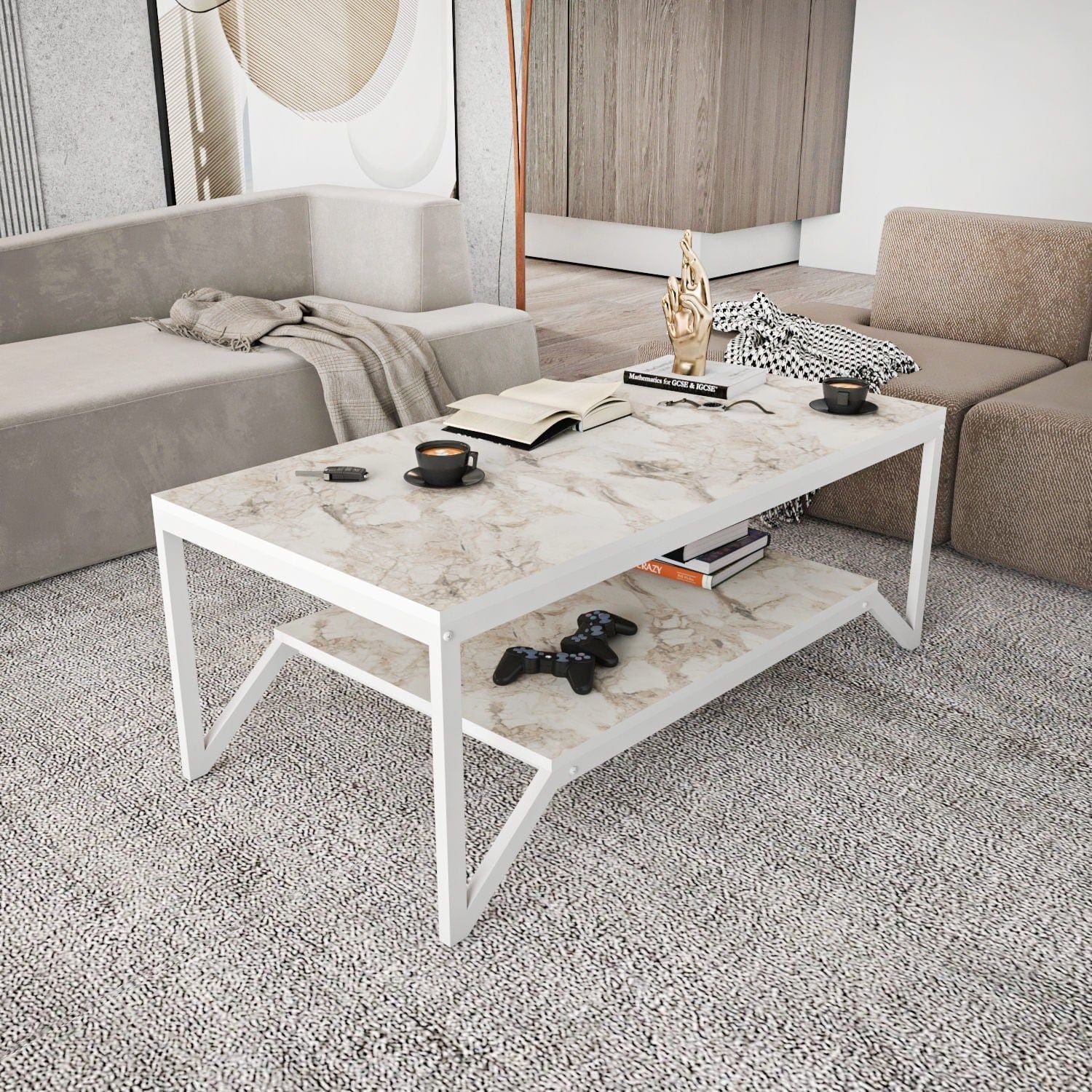 Masuta cafea Flora, bej cu efect de marmura/alb, PAL melaminat, 120x60x46 cm