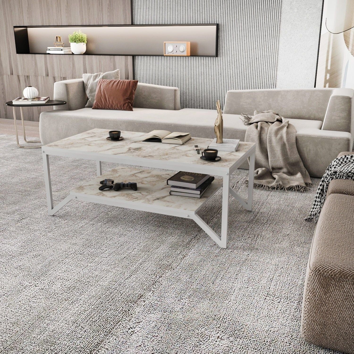 Masuta cafea Flora, bej cu efect de marmura/alb, PAL melaminat, 120x60x46 cm