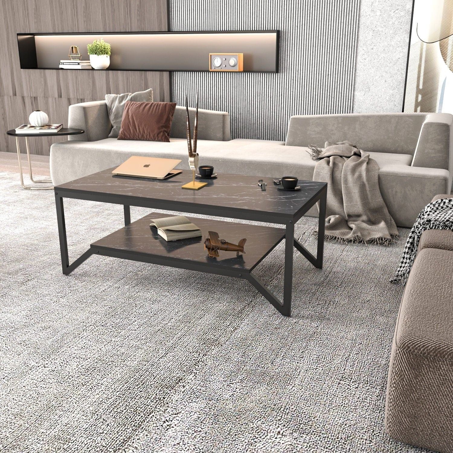 Masuta cafea Flora, negru cu efect de marmura, PAL melaminat, 120x60x46 cm