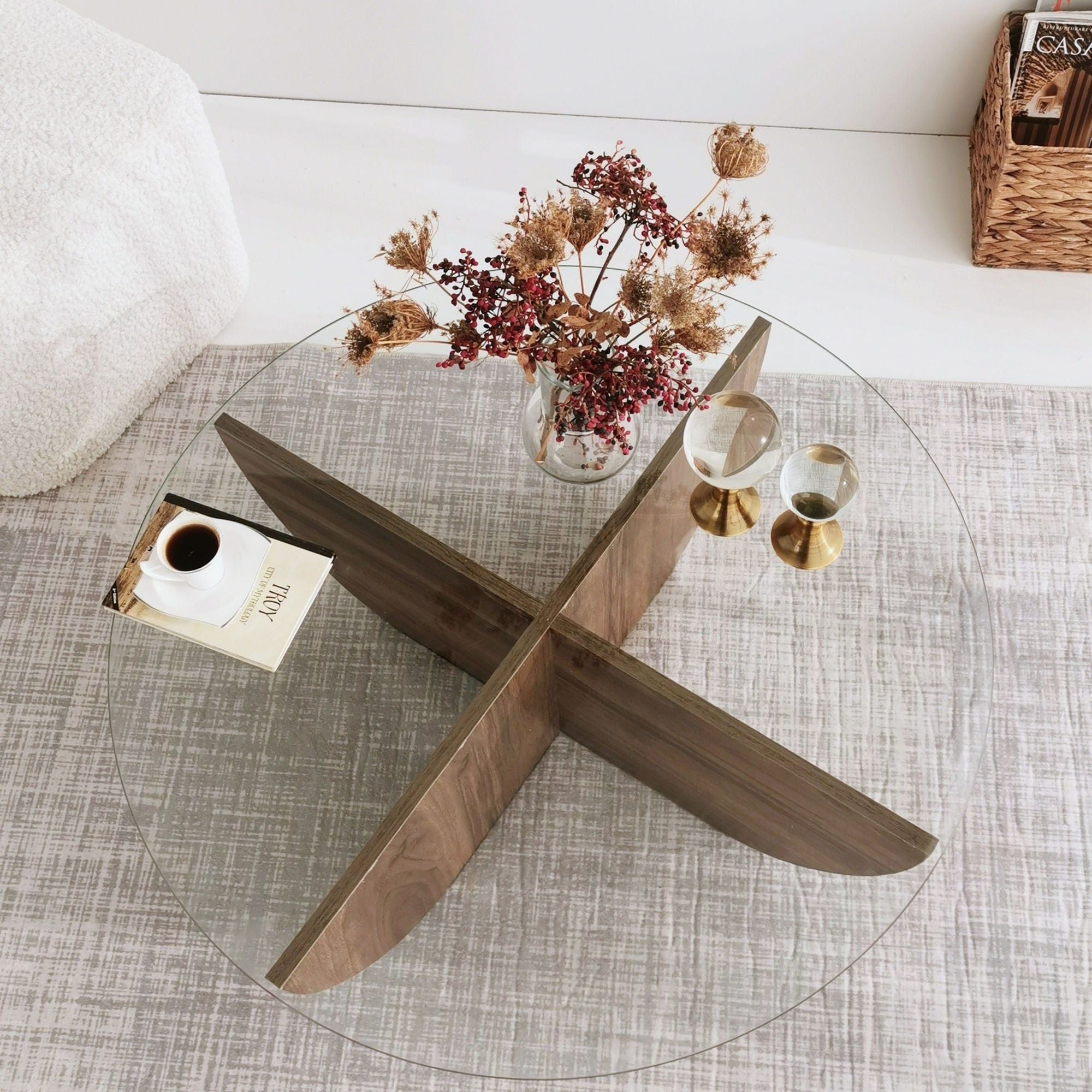 Masuta cafea Lily, transparent/nuc, sticla/PAL melaminat, 90x90x30 cm