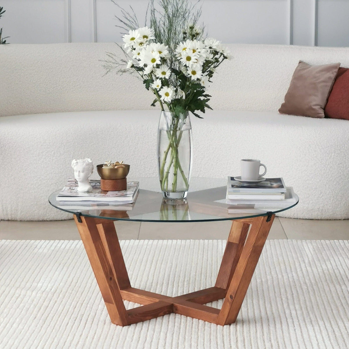 Masuta cafea Lotus, transparent/nuc, sticla/lemn, 75x75x35 cm