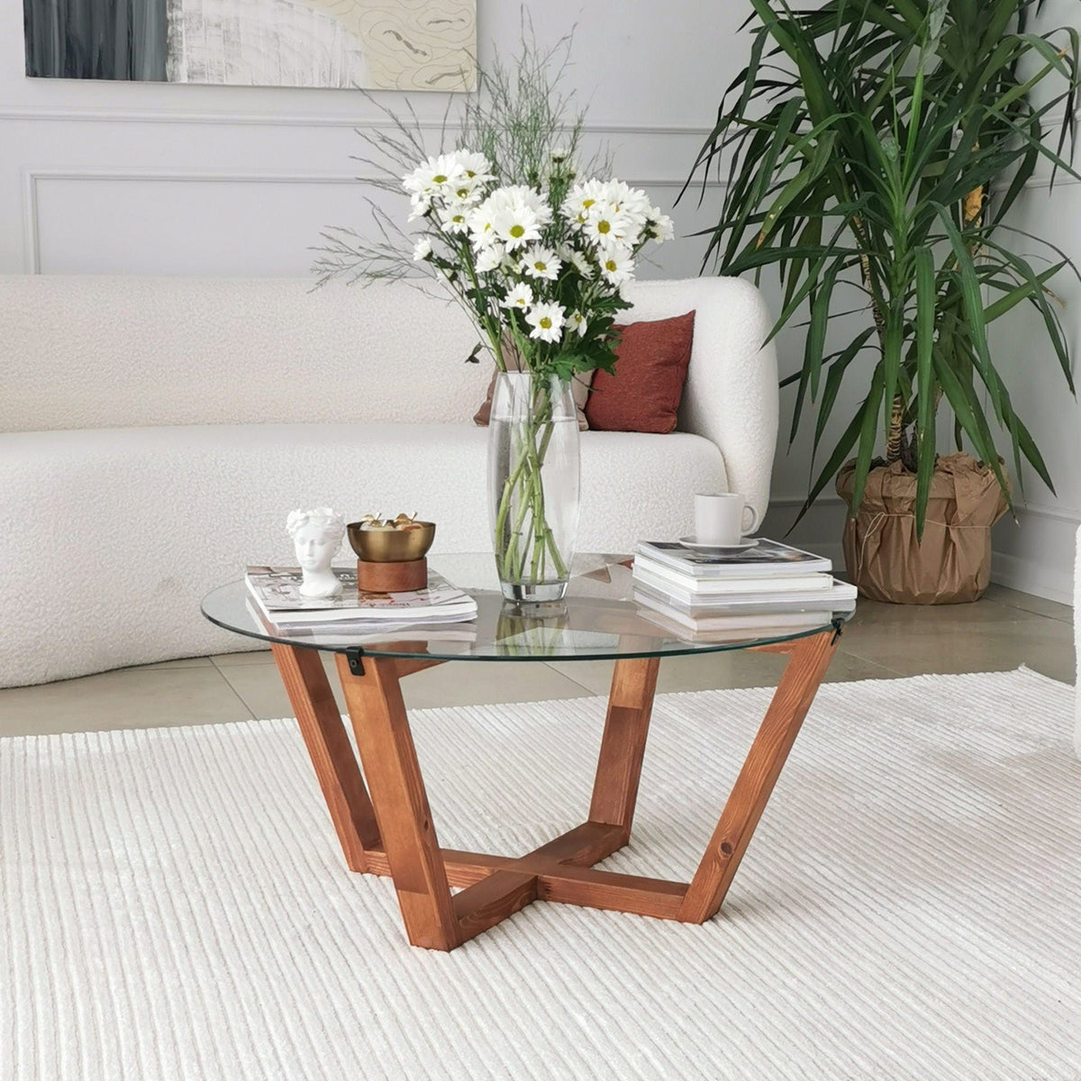 Masuta cafea Lotus, transparent/nuc, sticla/lemn, 75x75x35 cm
