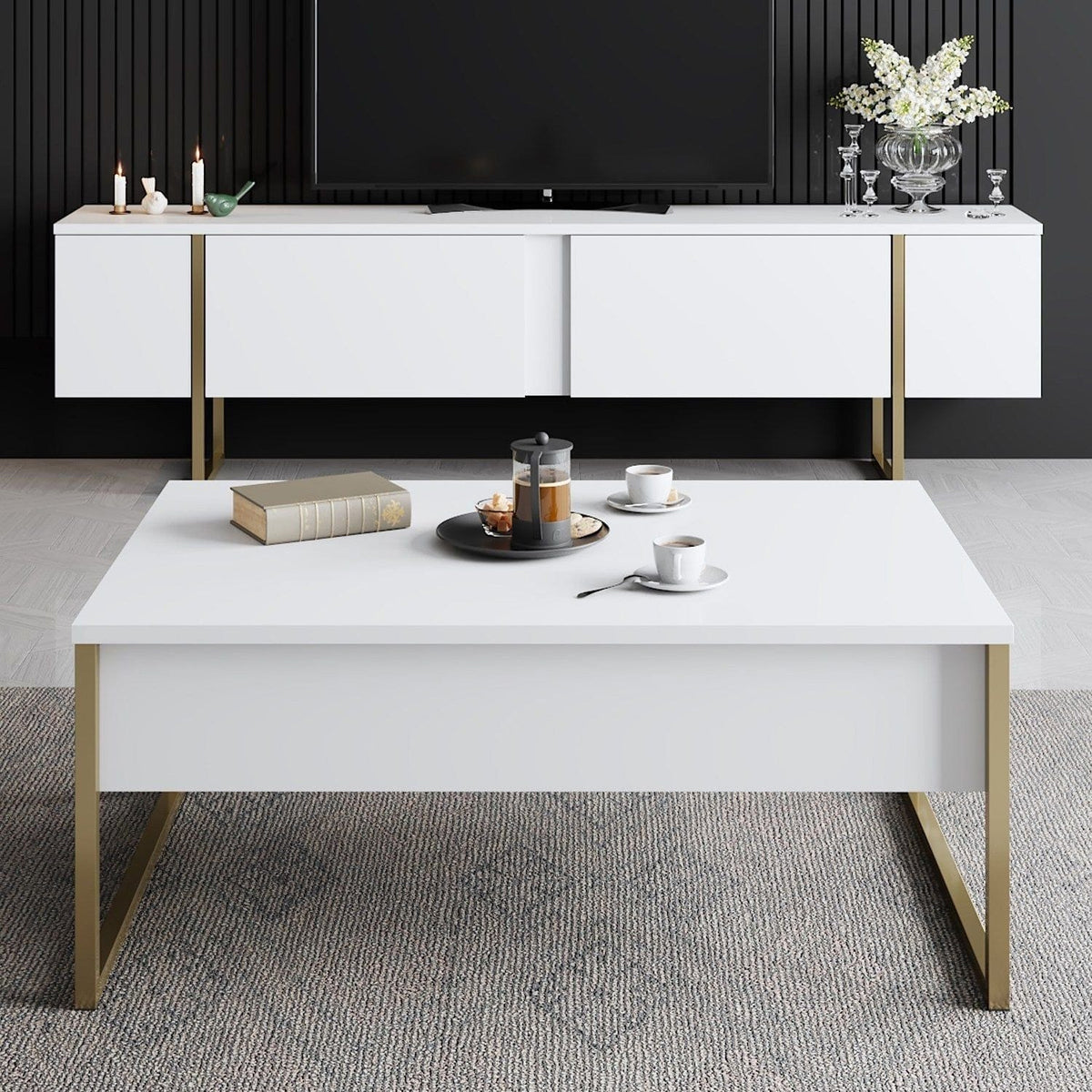 Masuta cafea Luxe, alb/auriu, PAL/metal, 90x60x40 cm