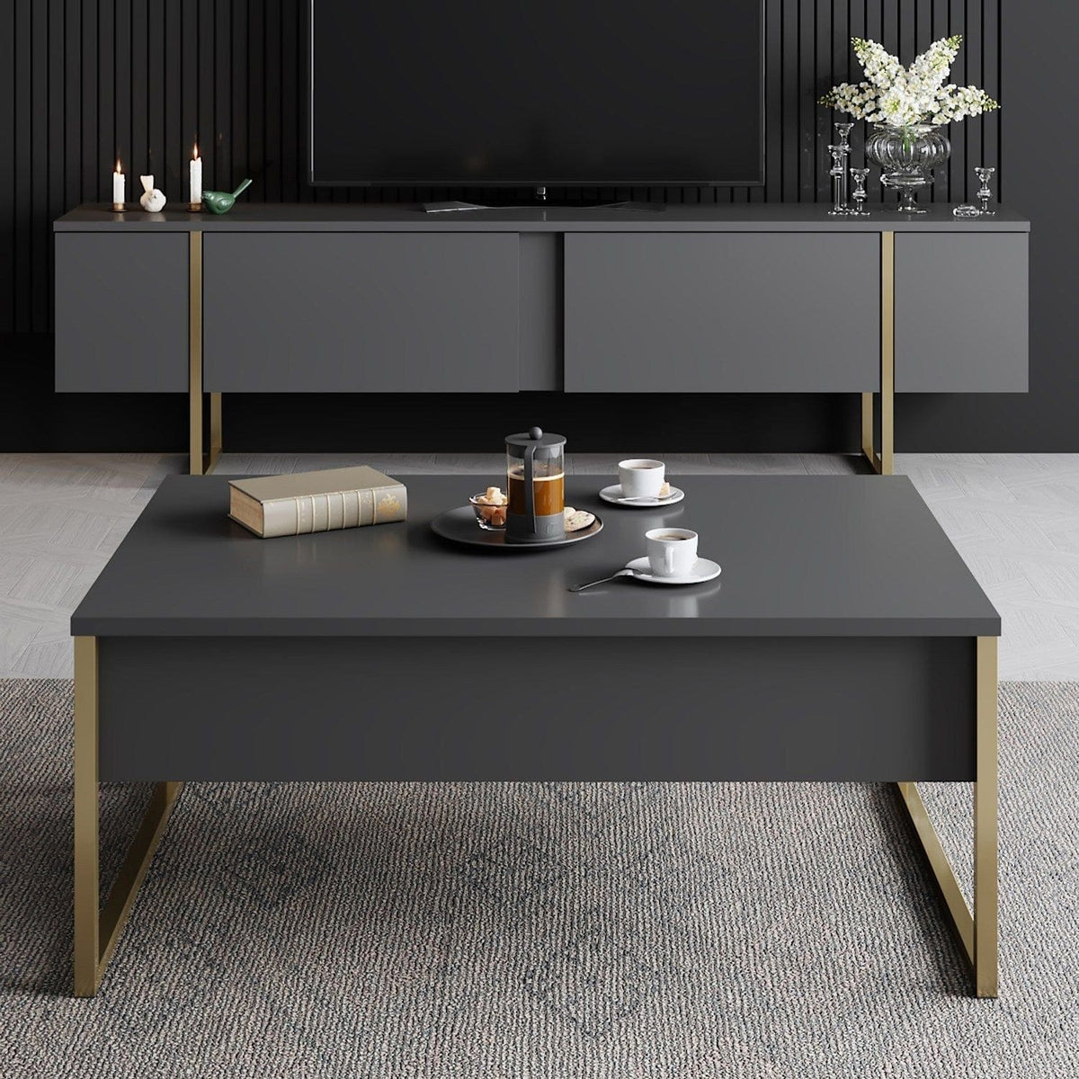 Masuta cafea Luxe, gri antracit/auriu, PAL/metal, 90x60x40 cm