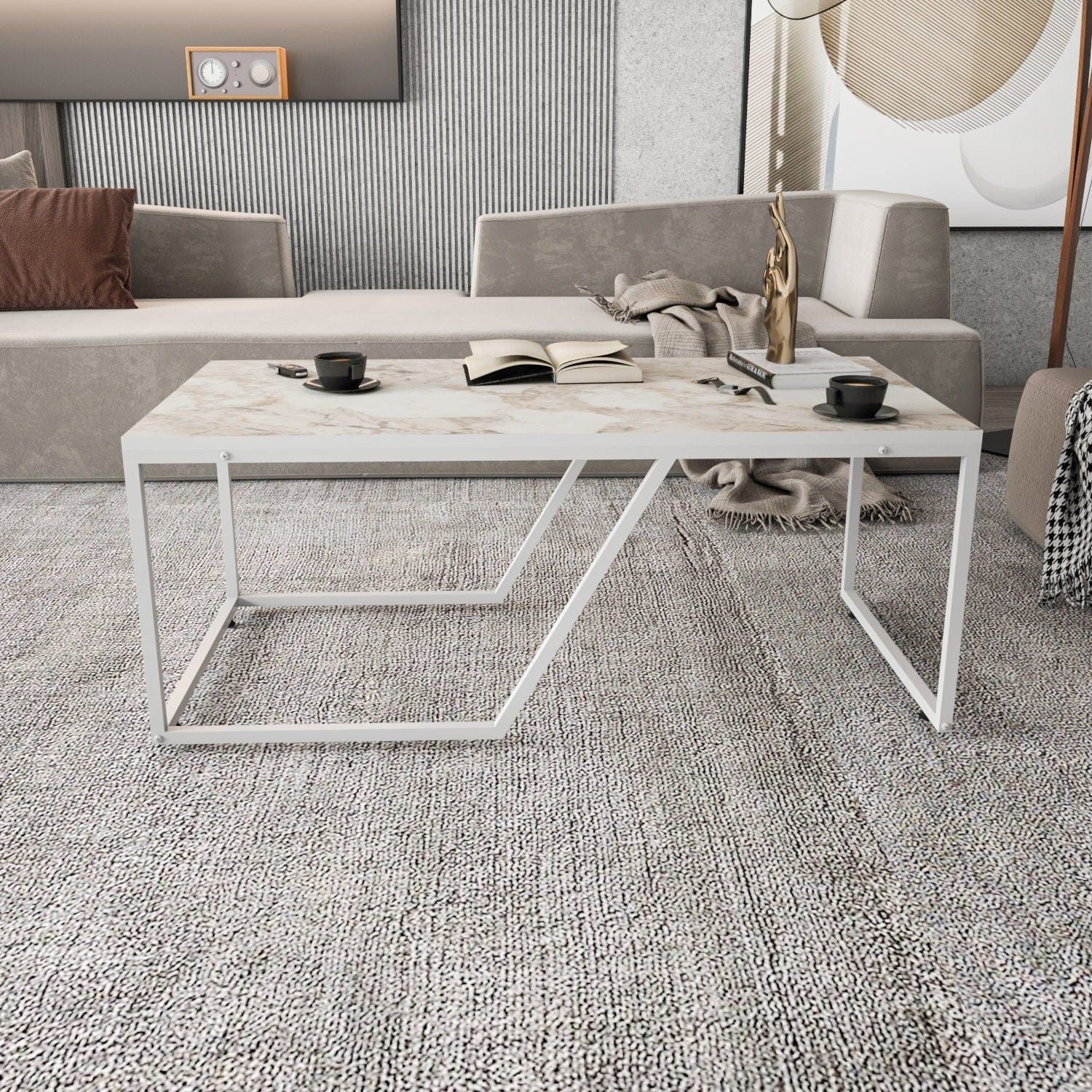 Masuta cafea Wendy, alb cu efect de marmura, PAL melaminat, 120x60x48 cm