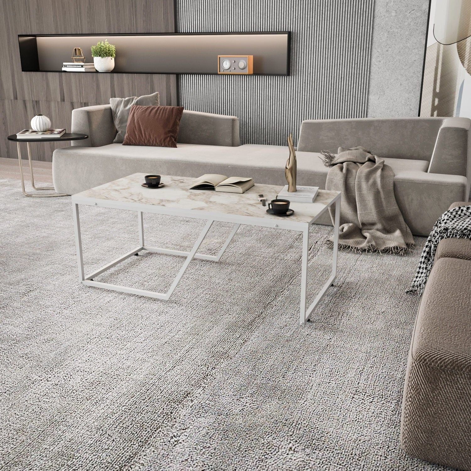 Masuta cafea Wendy, alb cu efect de marmura, PAL melaminat, 120x60x48 cm