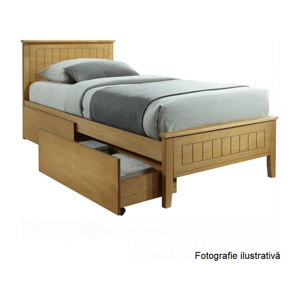 Pat dormitor  MIDEA, lemn, stejar, 90x200, cu 2 sertare culisante si somiera lamelara fixa, fara saltea