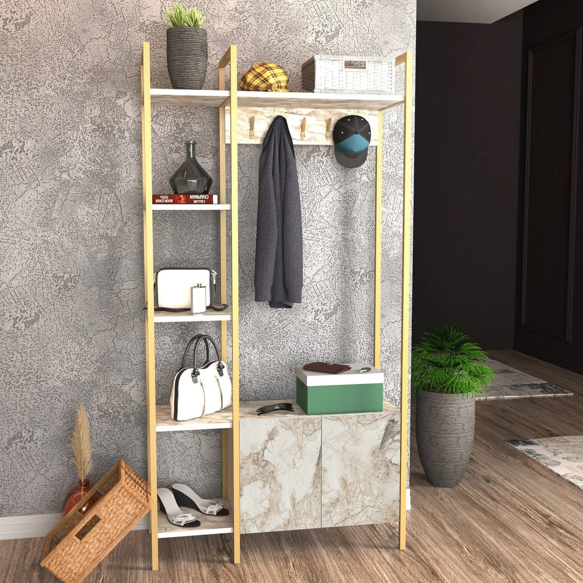 Mobiler hol DOGA, auriu/bej cu efect de marmura, PAL melaminat, 90x35x175 cm