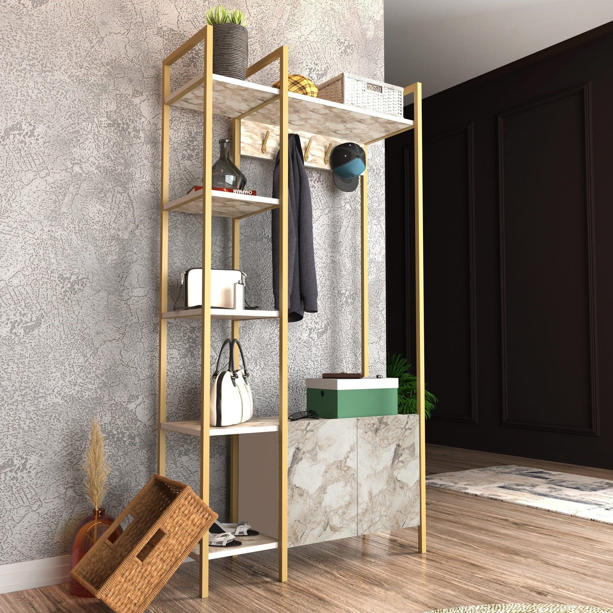 Mobiler hol DOGA, auriu/bej cu efect de marmura, PAL melaminat, 90x35x175 cm