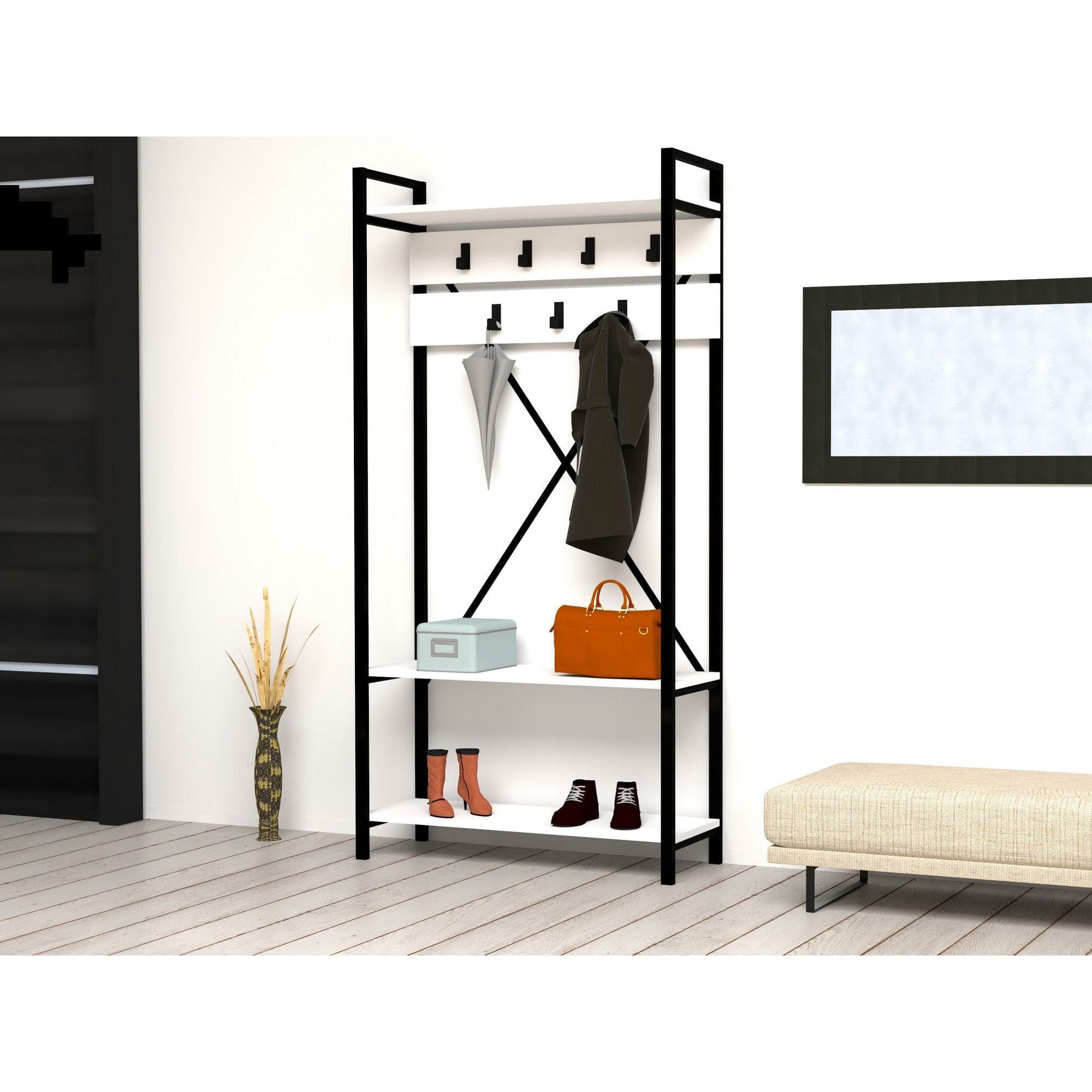 Mobilier hol ALFA, alb/negru, PAL melaminat, 90x34x180 cm