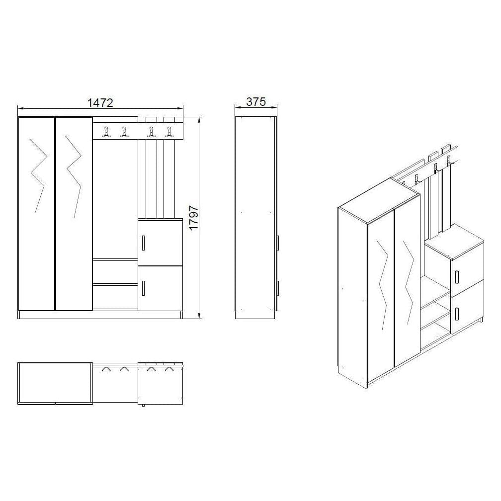 Mobilier hol DD8-W, alb, PAL melaminat, 147x38x180 cm