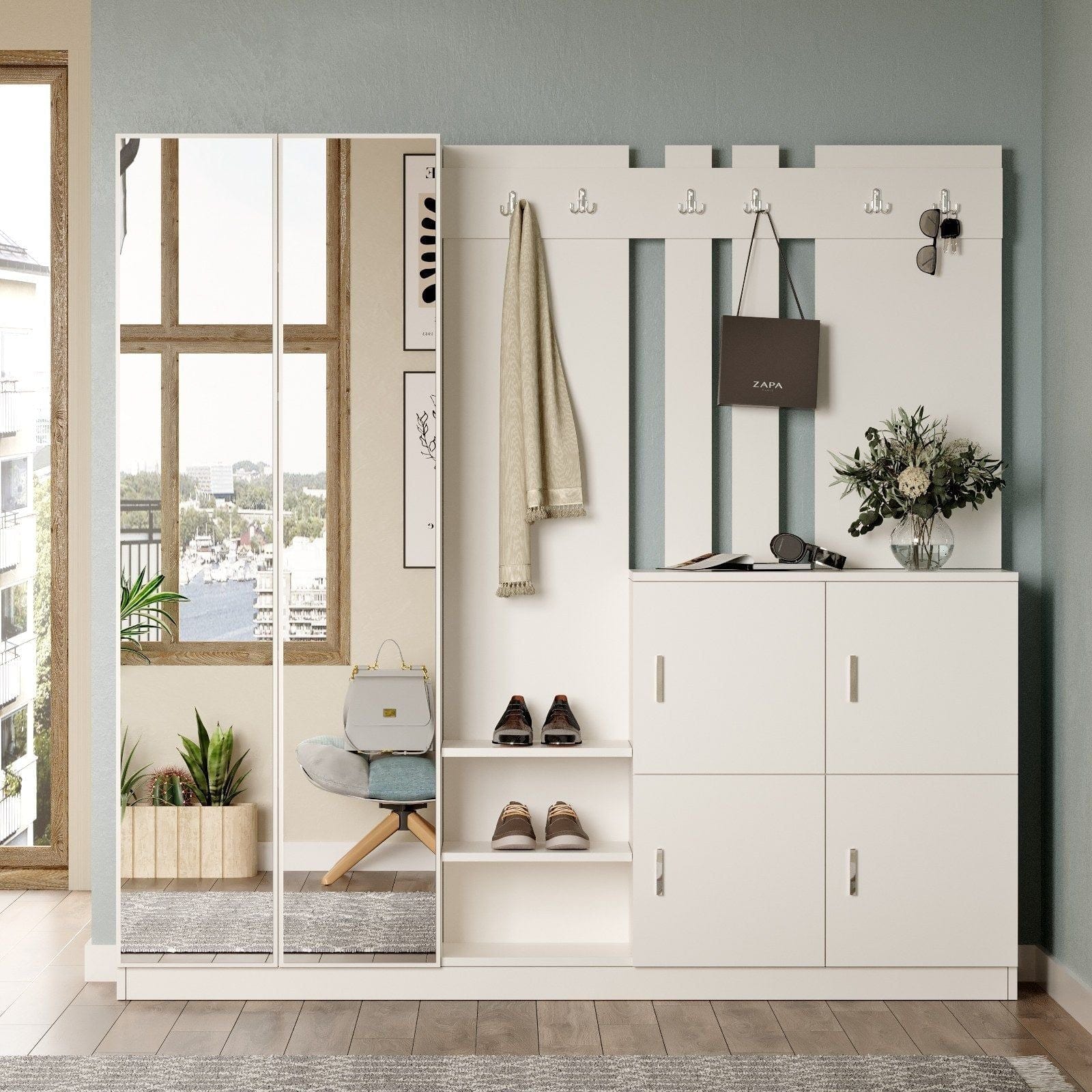 Mobilier hol DD9-W, alb, PAL melaminat, 187x38x180 cm