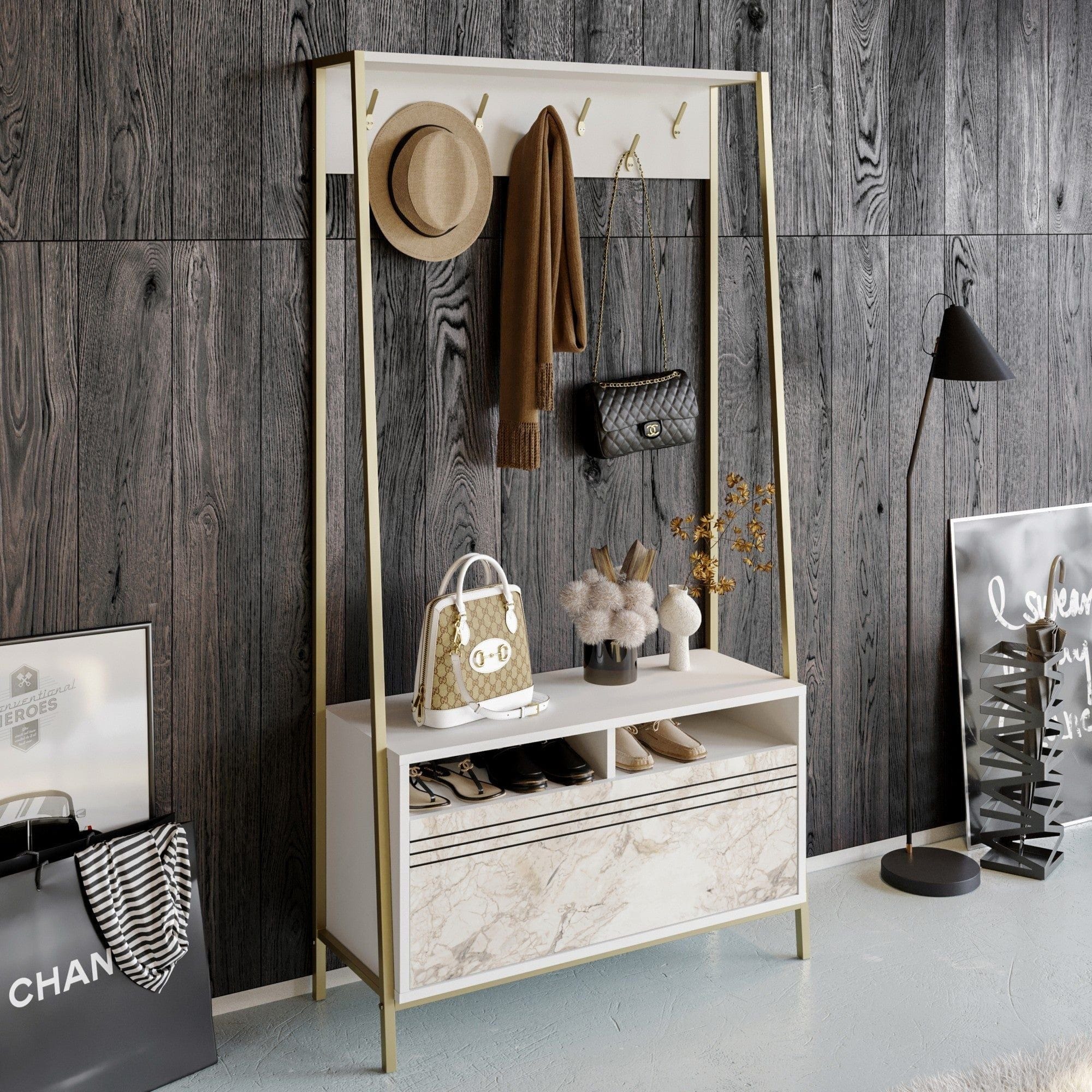 Mobilier hol DEVIN, alb, PAL melaminat/metal, 94x35x180 cm