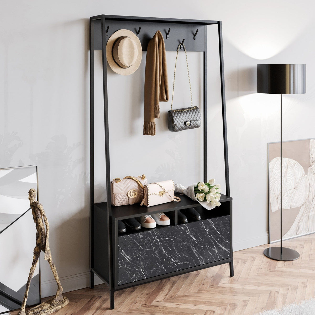 Mobilier hol DEVIN, negru, PAL melaminat/metal, 94x35x180 cm