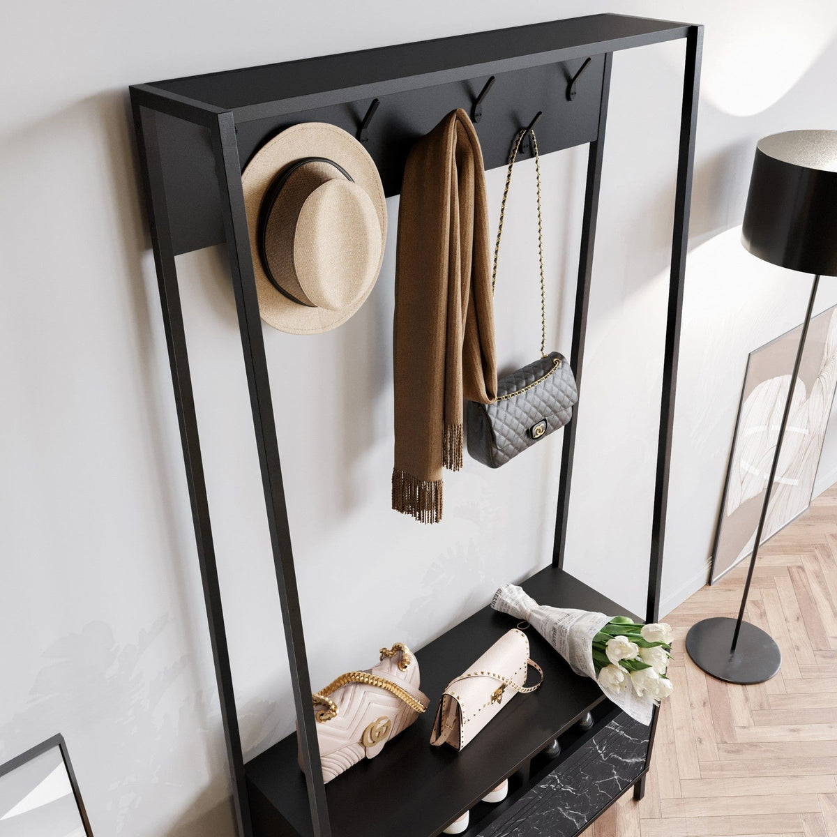 Mobilier hol DEVIN, negru, PAL melaminat/metal, 94x35x180 cm