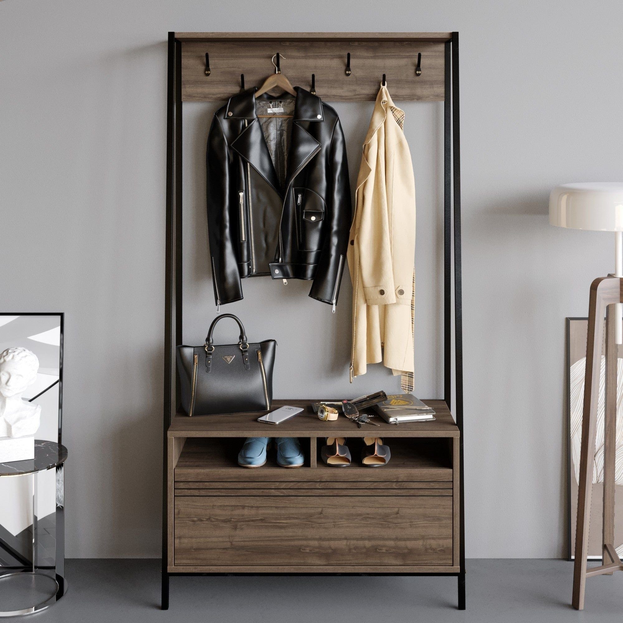 Mobilier hol DEVIN, nuc/negru, PAL melaminat/metal, 94x35x180 cm