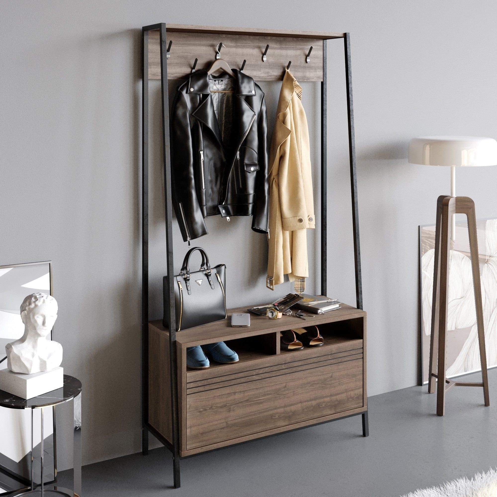 Mobilier hol DEVIN, nuc/negru, PAL melaminat/metal, 94x35x180 cm