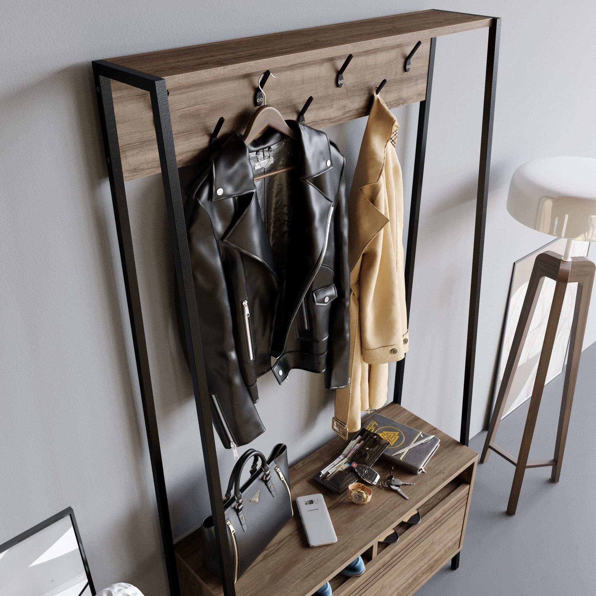 Mobilier hol DEVIN, nuc/negru, PAL melaminat/metal, 94x35x180 cm