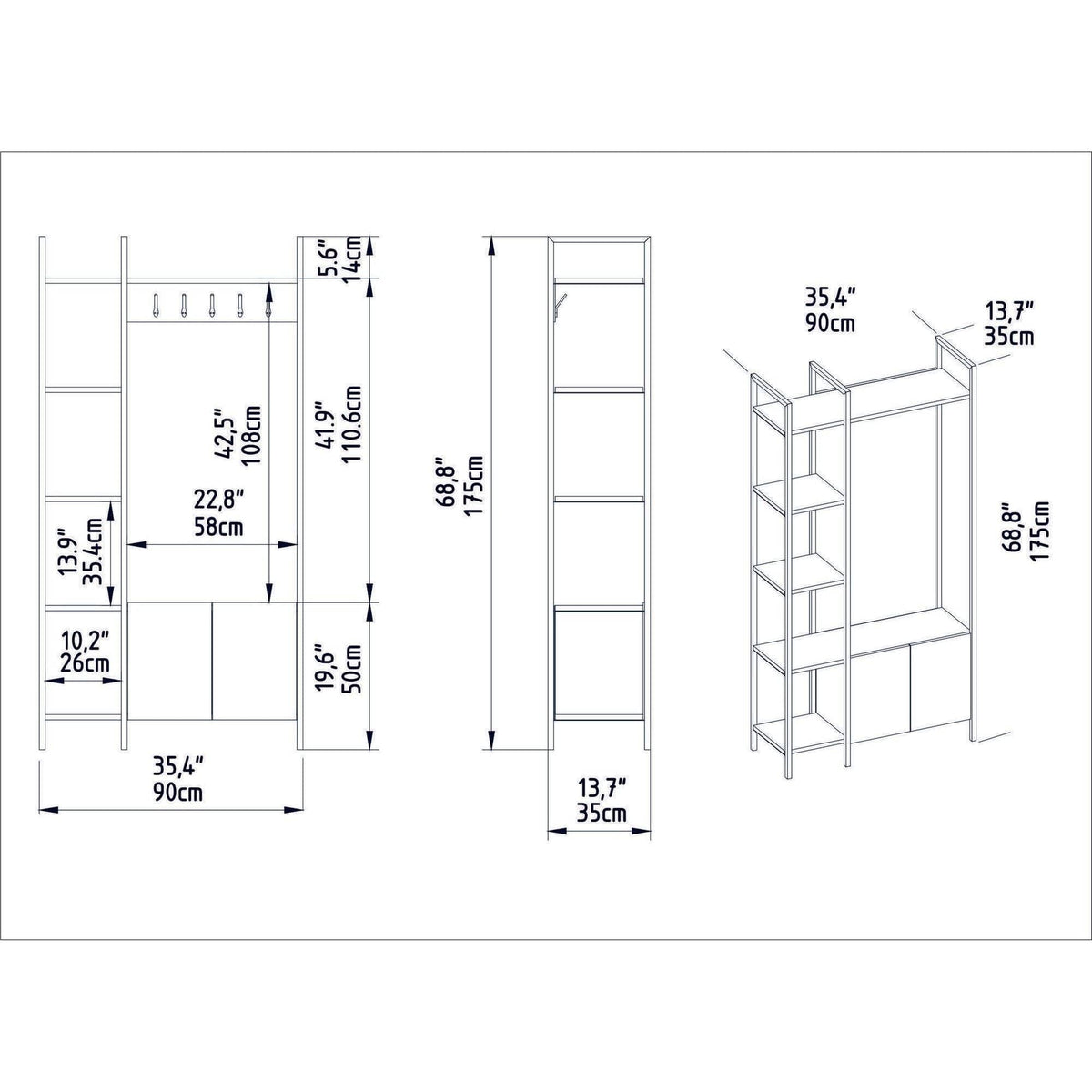 Mobilier hol DOGA, alb, PAL melaminat/metal, 90x35x175 cm
