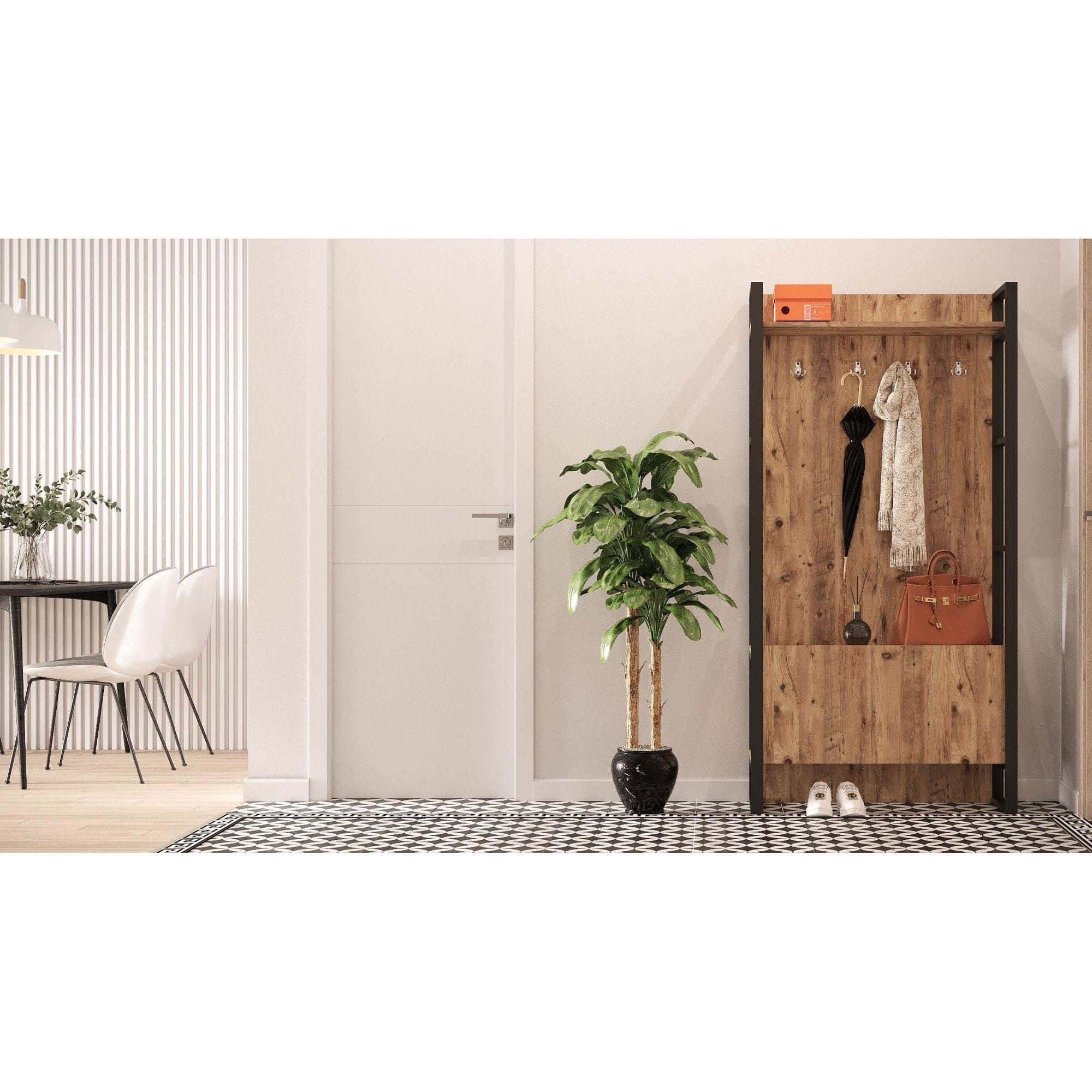 Mobilier hol ML13-A, stejar/negru, PAL melaminat/metal, 90x34x180 cm