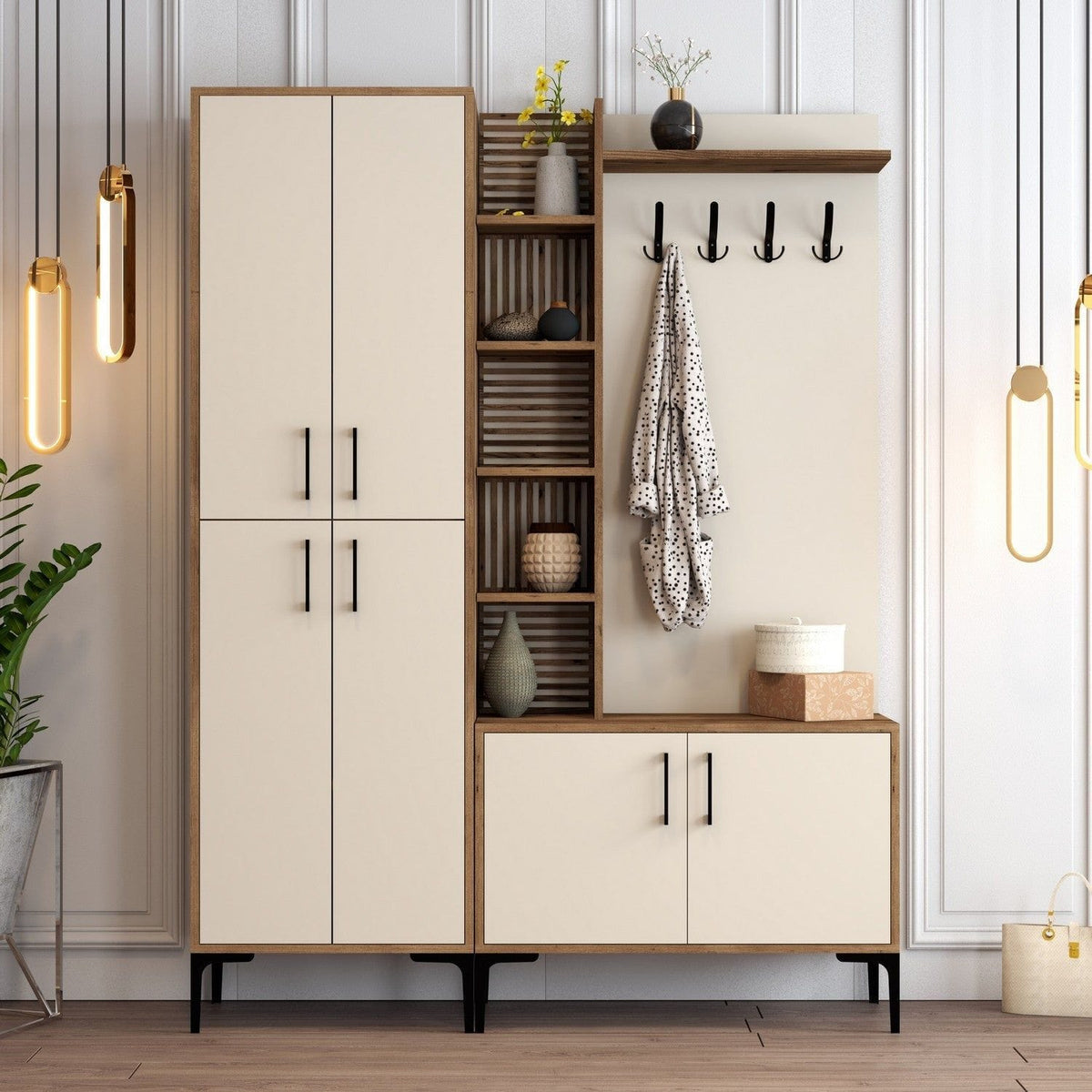 Mobilier hol VIYANA DA, crem/nuc, PAL melaminat/metal, 150x35x200 cm