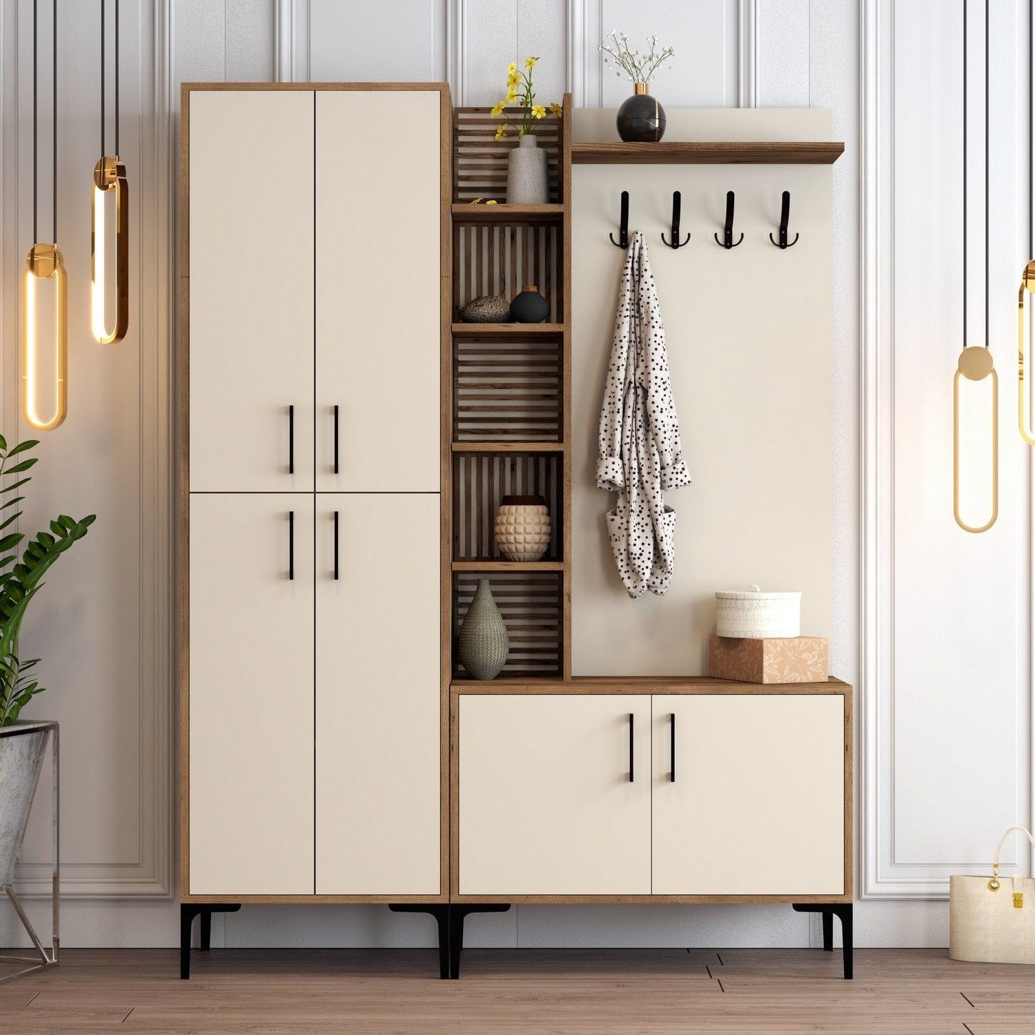 Mobilier hol VIYANA DA, crem/nuc, PAL melaminat/metal, 150x35x200 cm