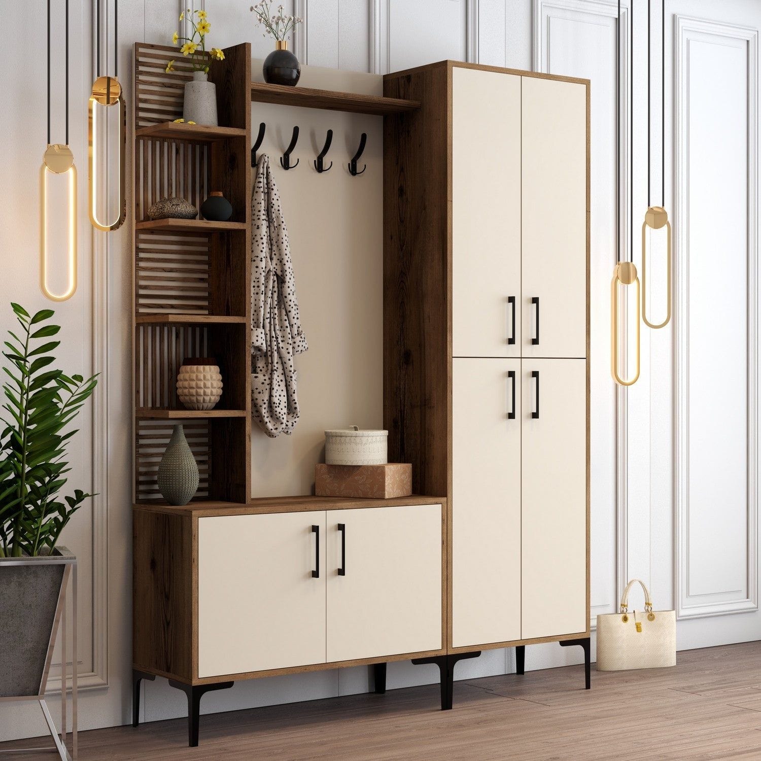 Mobilier hol VIYANA DA, crem/nuc, PAL melaminat/metal, 150x35x200 cm