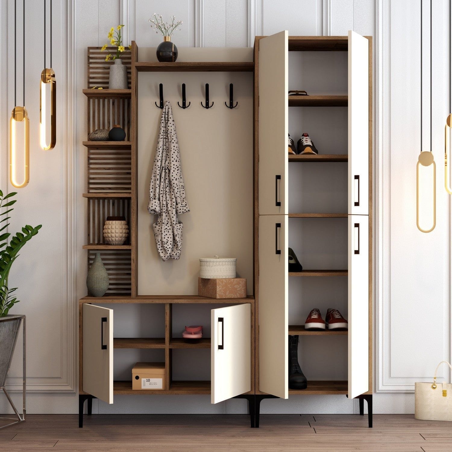 Mobilier hol VIYANA DA, crem/nuc, PAL melaminat/metal, 150x35x200 cm