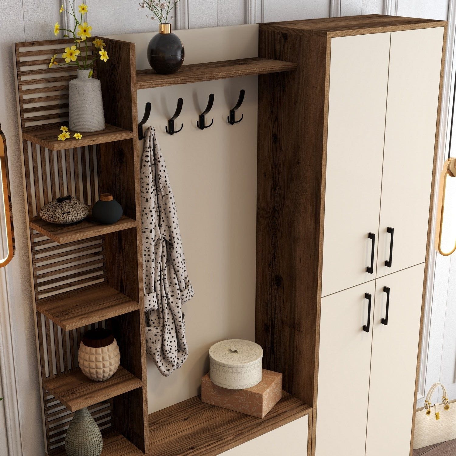 Mobilier hol VIYANA DA, crem/nuc, PAL melaminat/metal, 150x35x200 cm