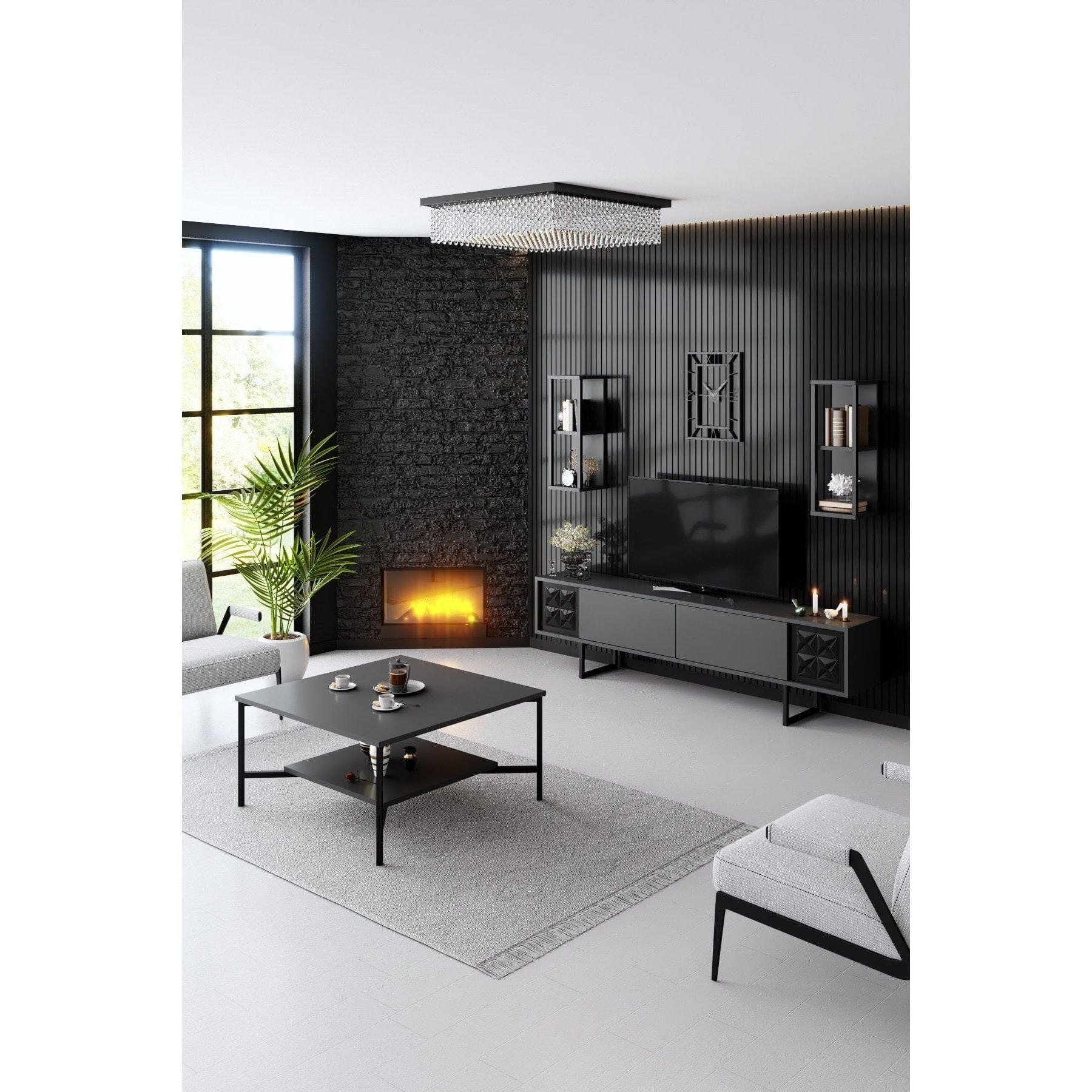 Mobilier living 618BLY1154, gri/negru, PAL melaminat/metal, 4 piese