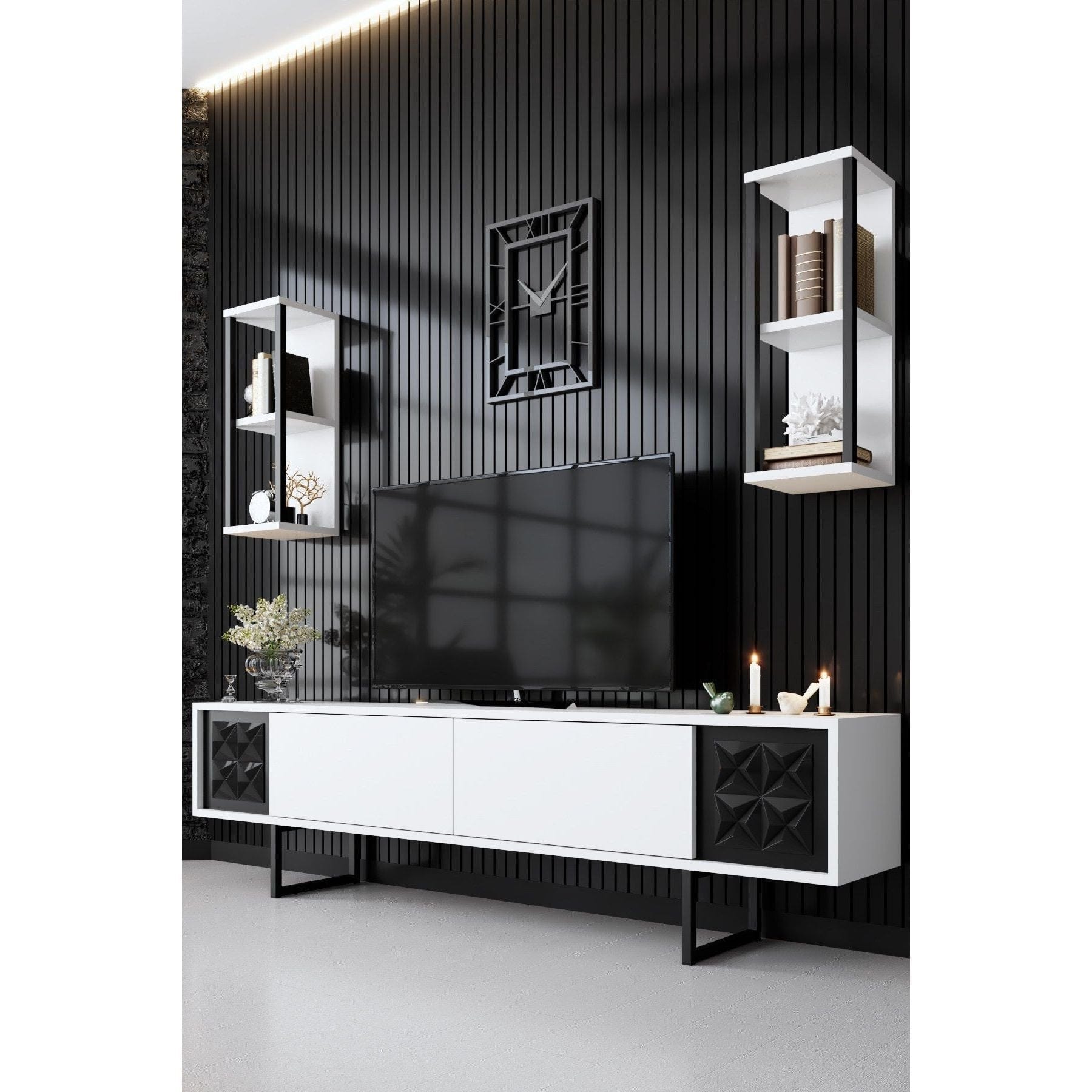 Mobilier living 618BLY1156, alb/negru, PAL melaminat/metal, 4 piese