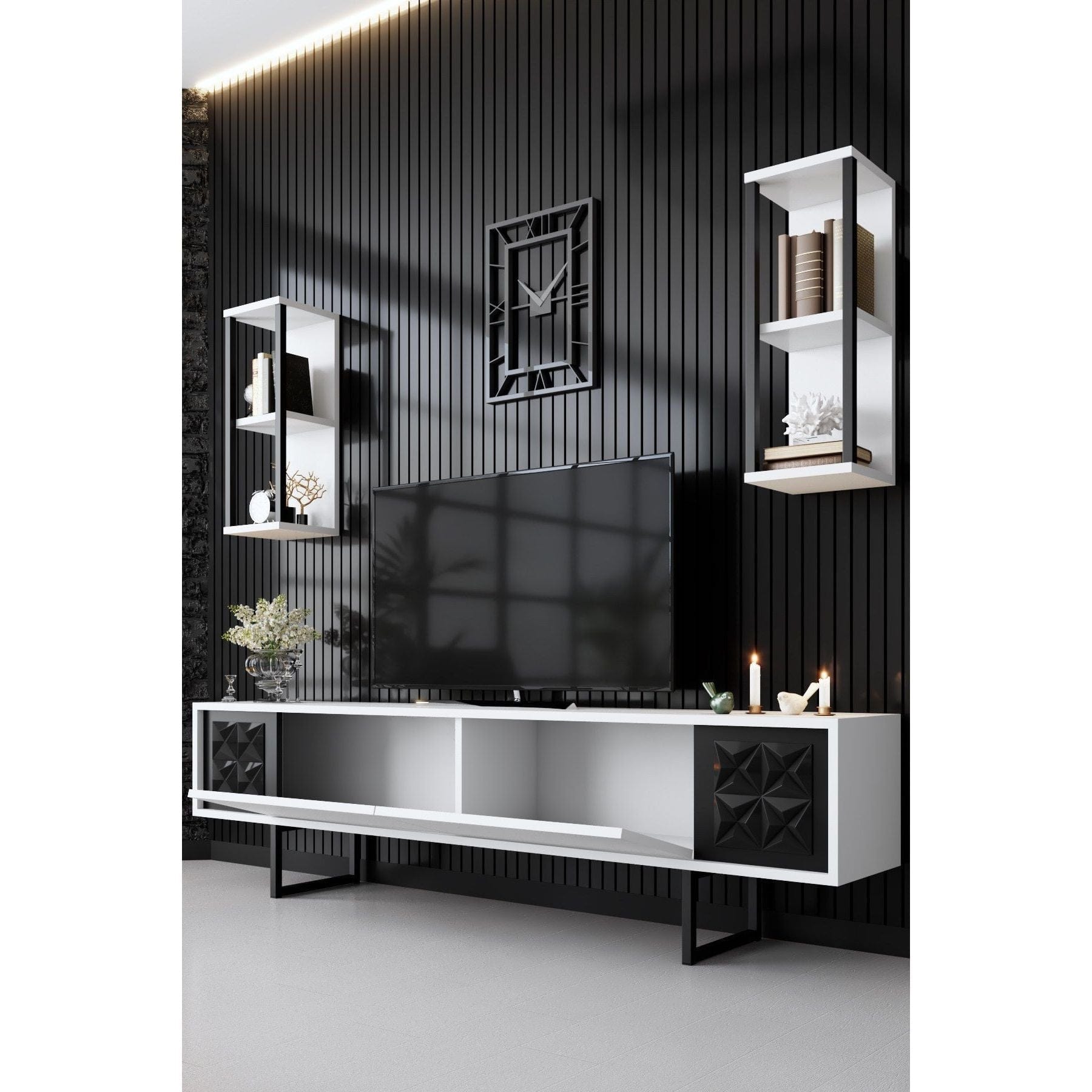 Mobilier living 618BLY1156, alb/negru, PAL melaminat/metal, 4 piese