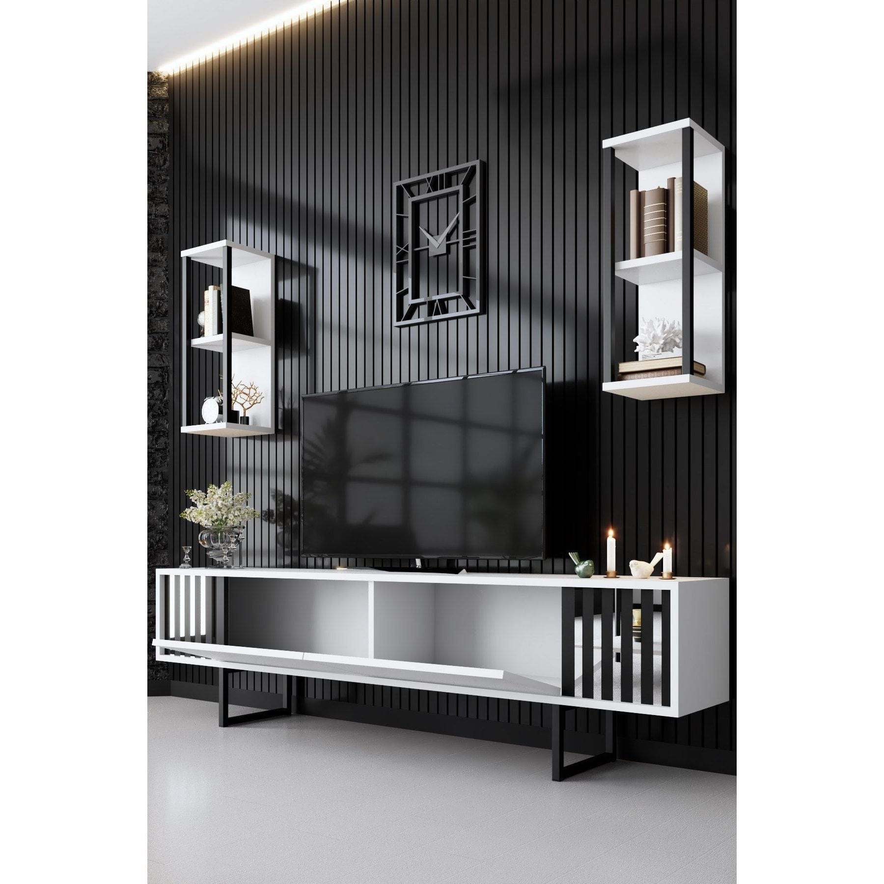 Mobilier living CHROME LINE, alb/negru, PAL melaminat/metal, 3 piese
