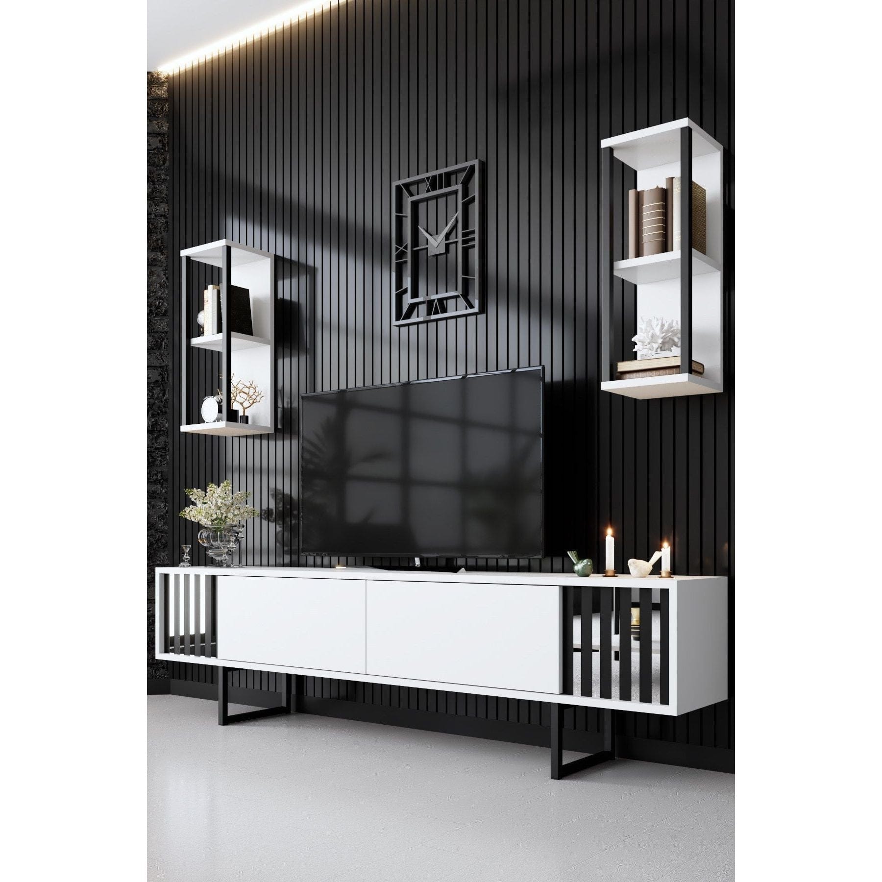 Mobilier living CHROME LINE, alb/negru, PAL melaminat/metal, 4 piese
