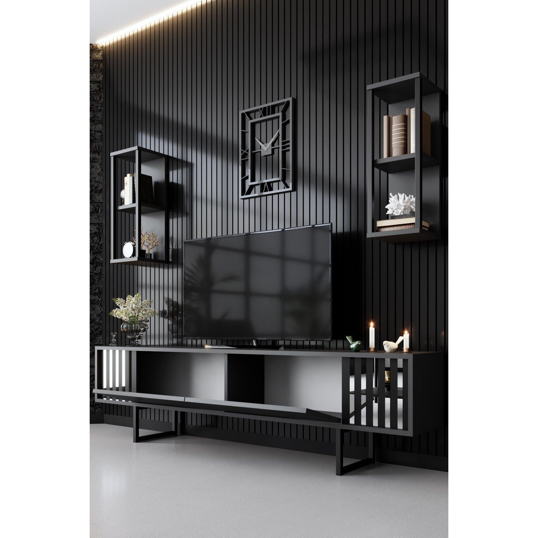 Mobilier living CHROME LINE, gri antracit/negru, PAL melaminat/metal, 4 piese