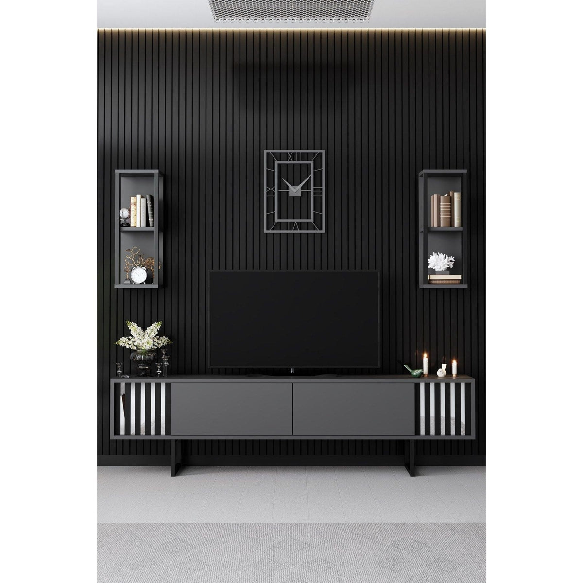 Mobilier living CHROME LINE, gri/negru, PAL melaminat/metal, 3 piese