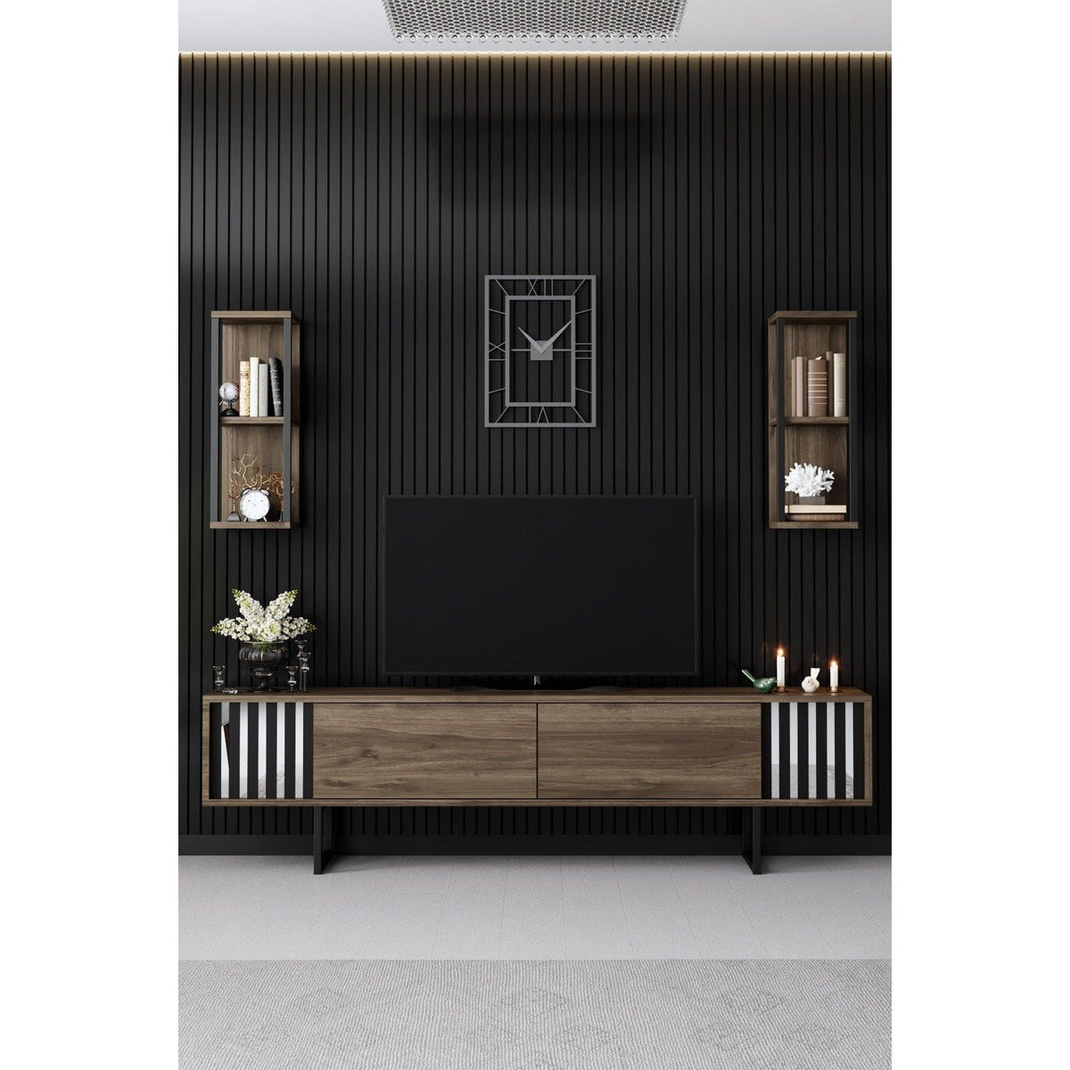 Mobilier living CHROME LINE, nuc/negru, PAL melaminat/metal, 3 piese