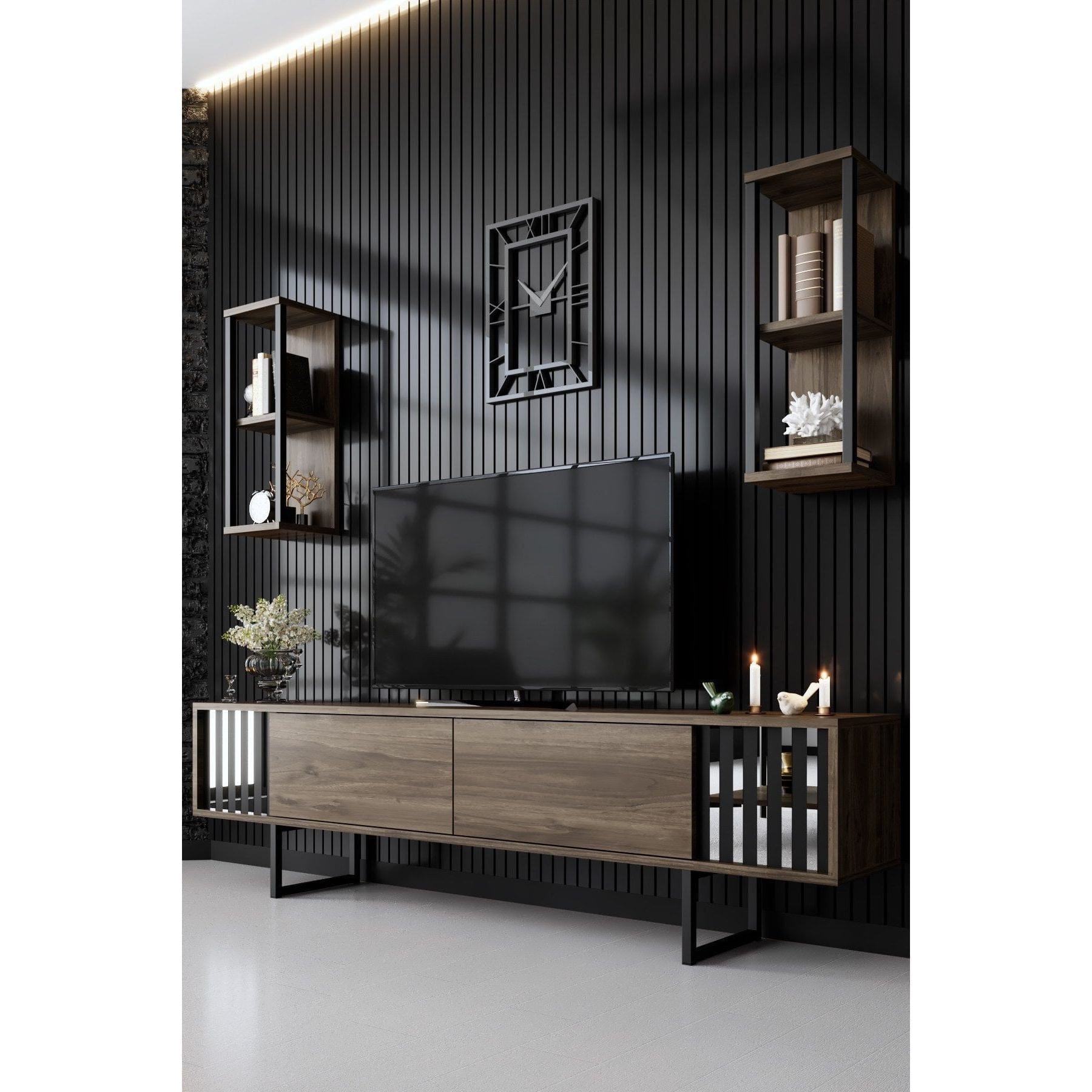 Mobilier living CHROME LINE, stejar inchis/negru, PAL melaminat/metal, 4 piese