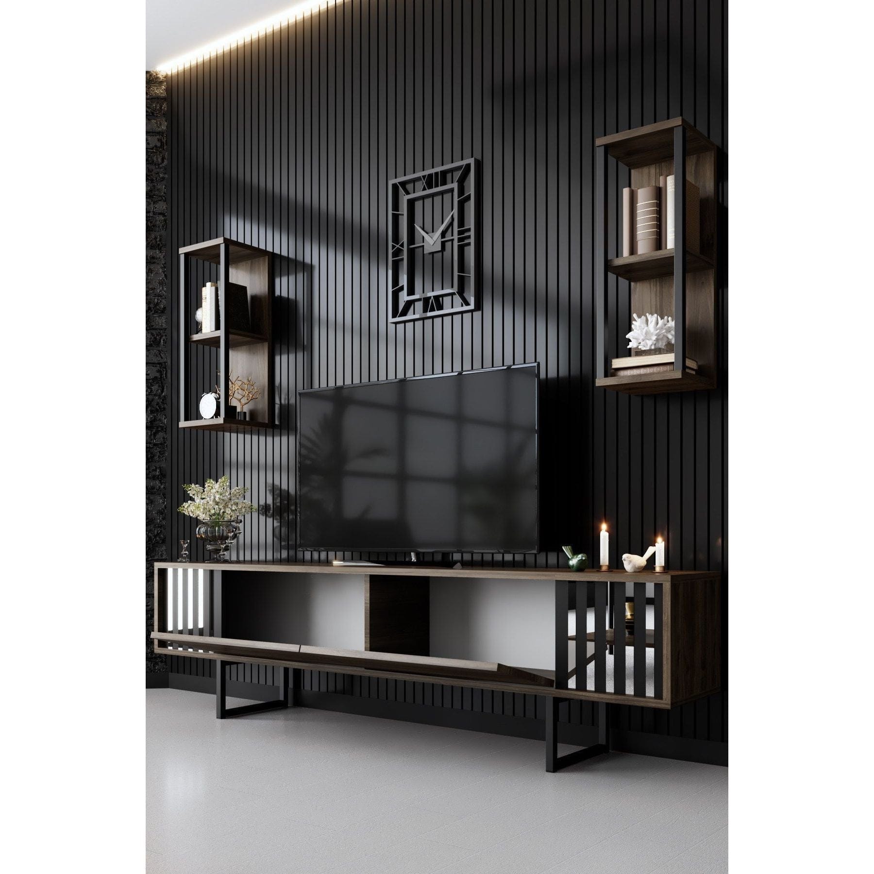 Mobilier living CHROME LINE, stejar inchis/negru, PAL melaminat/metal, 4 piese