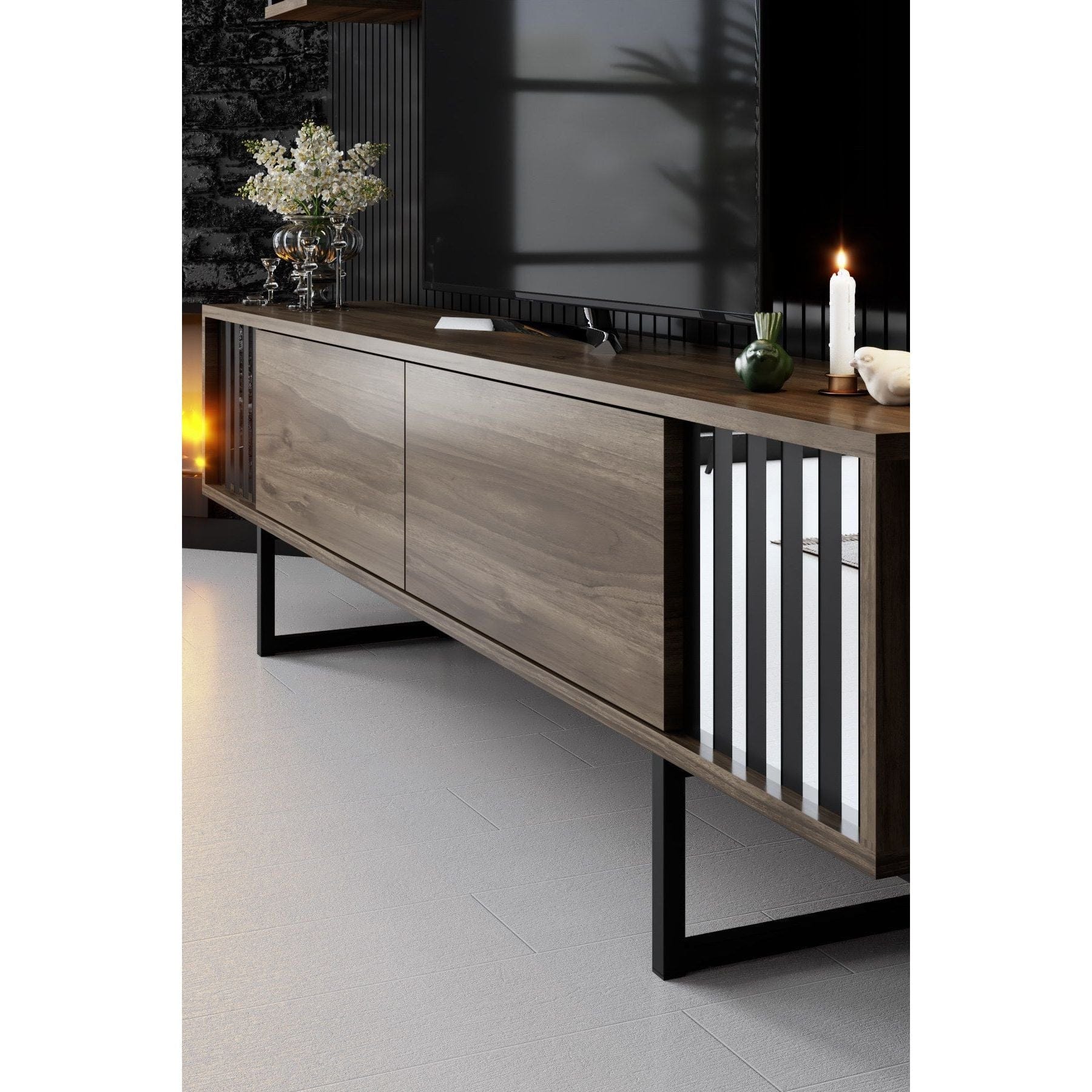 Mobilier living CHROME LINE, stejar inchis/negru, PAL melaminat/metal, 4 piese