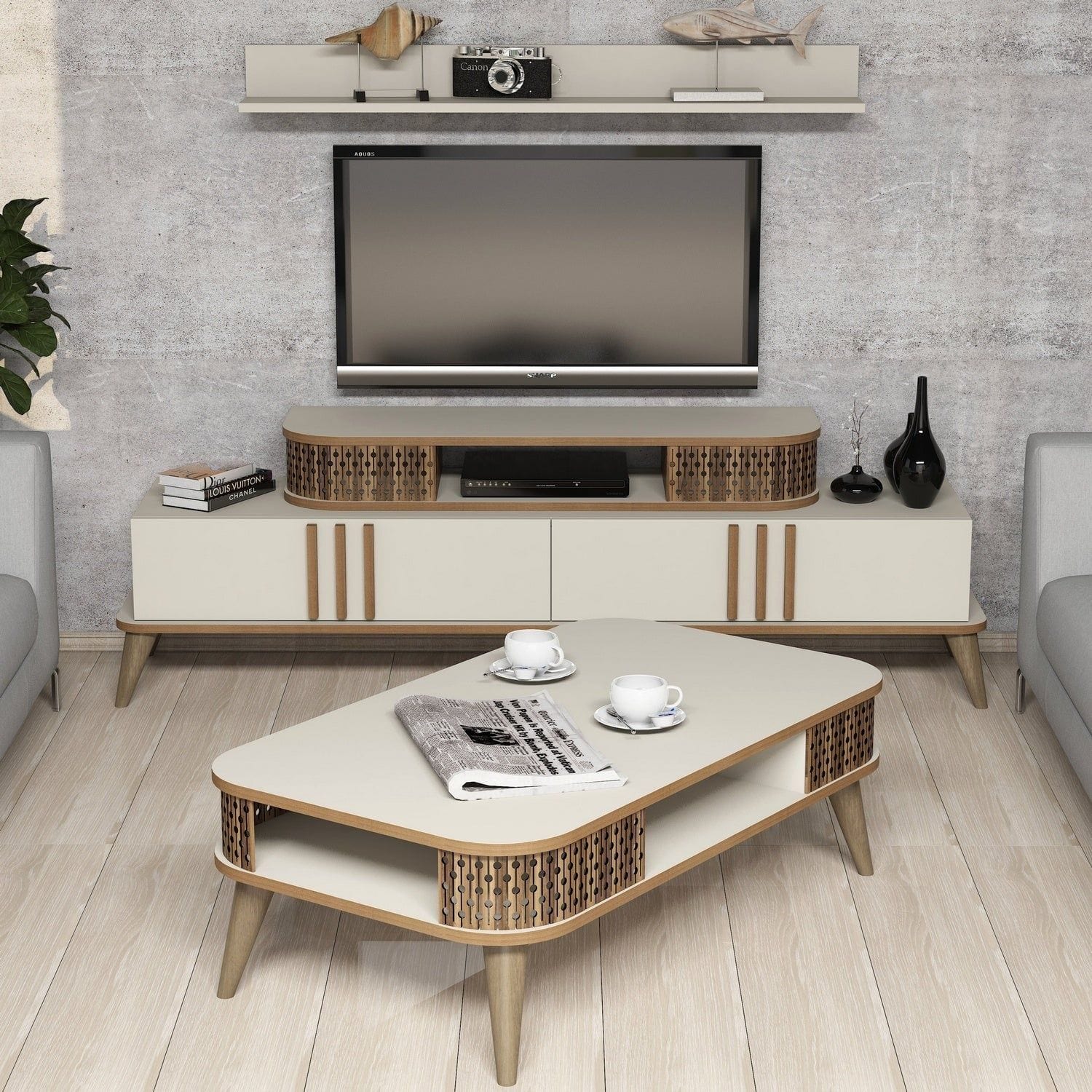 Mobilier living EYLUL, crem/stejar, PAL melaminat, 4 piese
