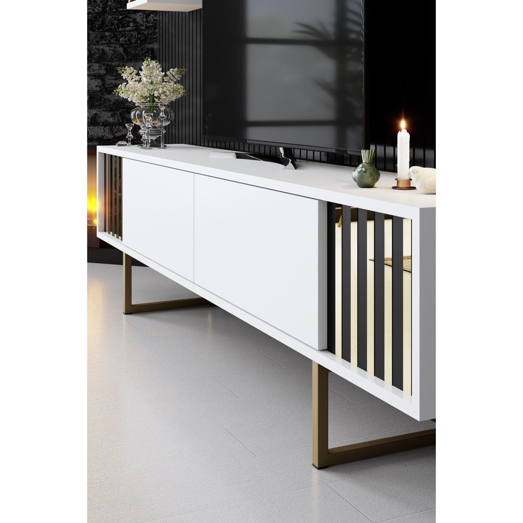 Mobilier living GOLD LINE, alb/auriu, PAL melaminat/metal, 3 piese