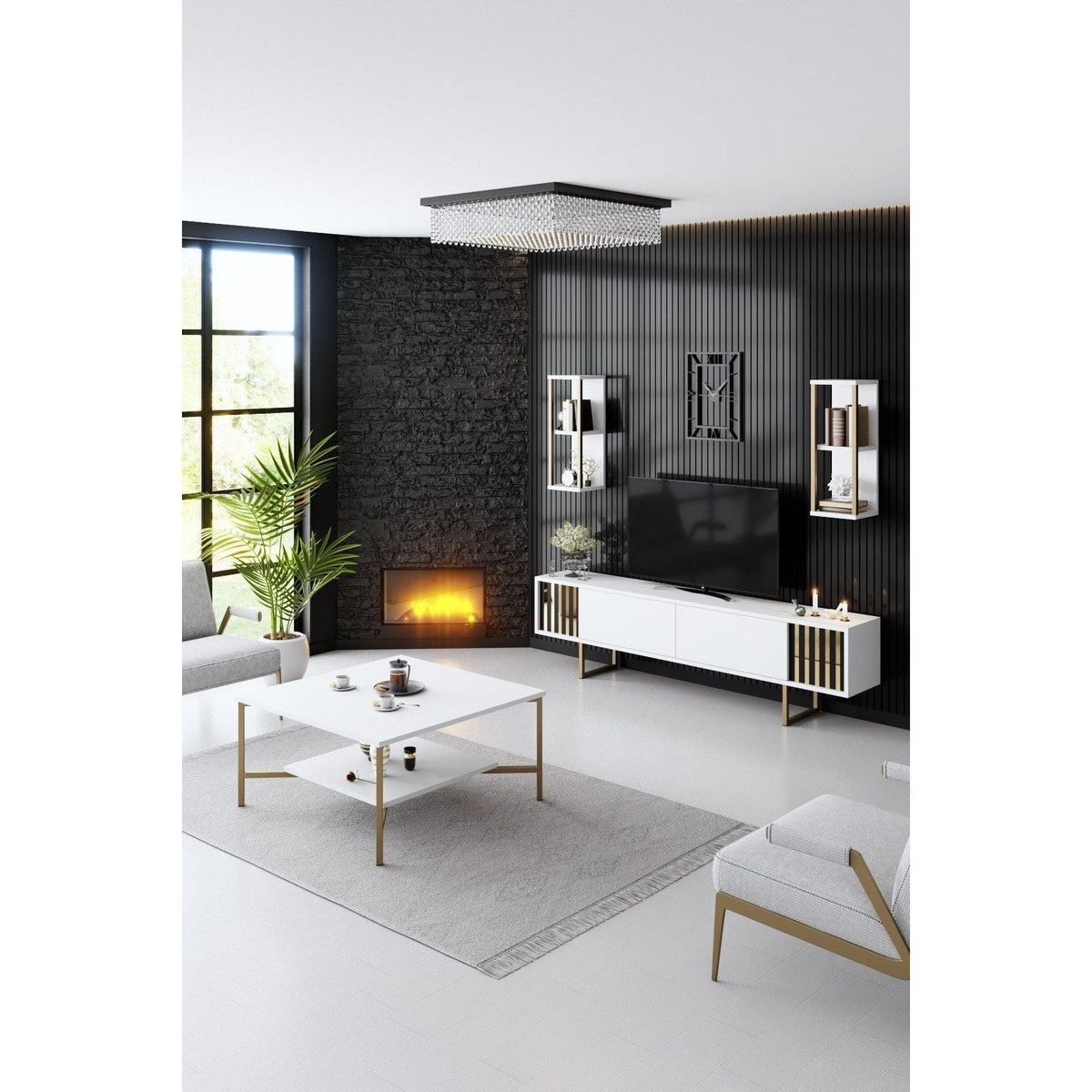 Mobilier living GOLD LINE, alb/auriu, PAL melaminat/metal, 3 piese