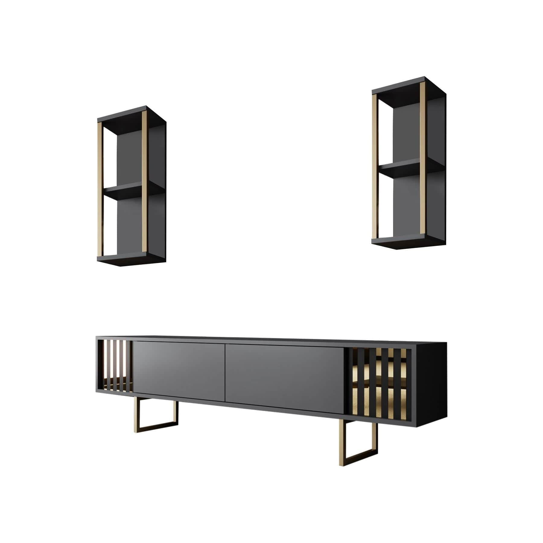Mobilier living GOLD LINE, gri antracit/auriu, PAL melaminat/metal, 3 piese