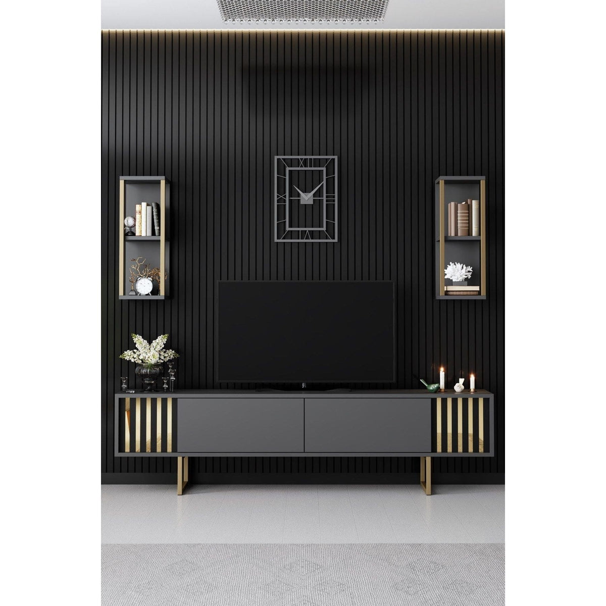 Mobilier living GOLD LINE, gri antracit/auriu, PAL melaminat/metal, 3 piese