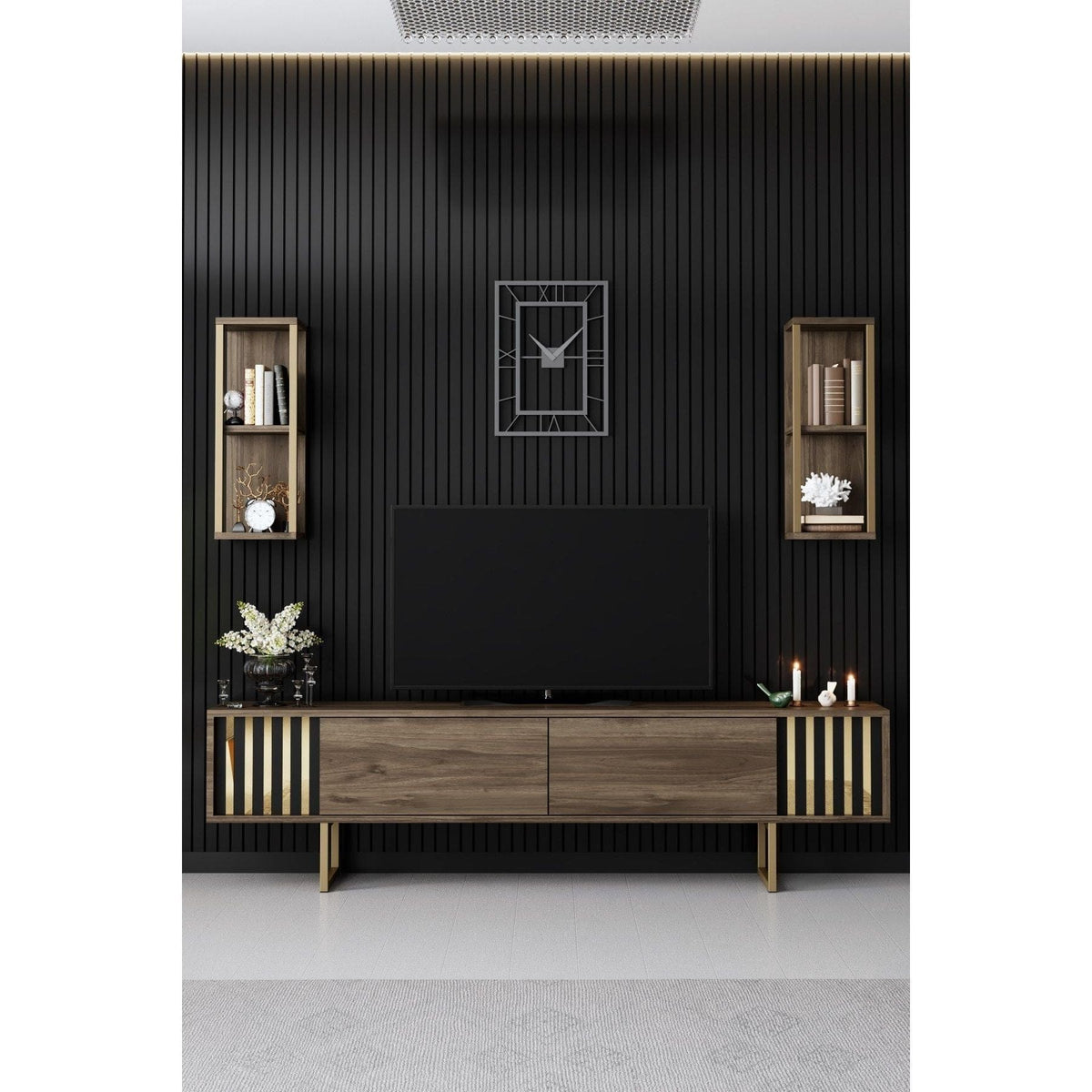 Mobilier living GOLD LINE, nuc/auriu, PAL melaminat/metal, 3 piese