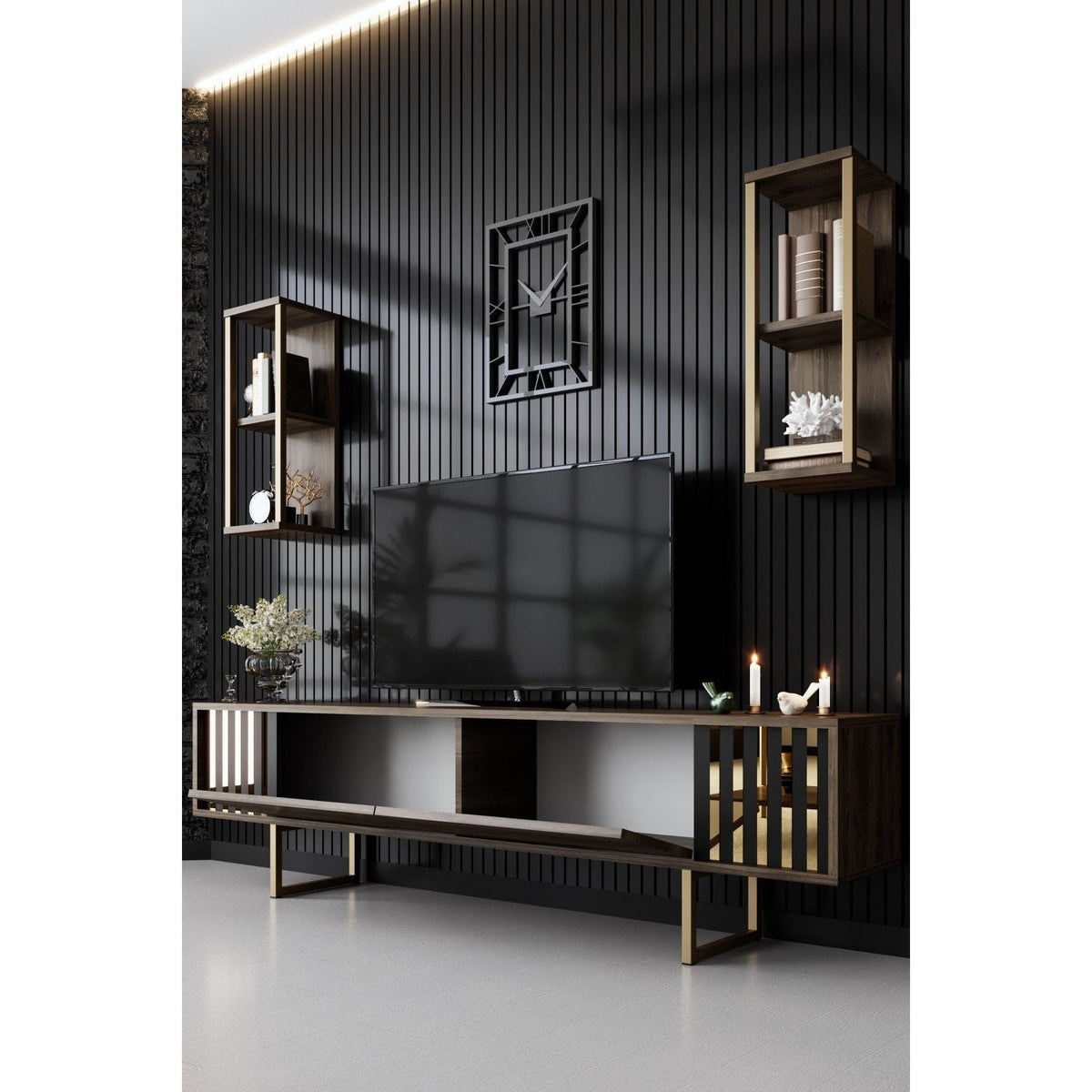 Mobilier living GOLD LINE, nuc/auriu, PAL melaminat/metal, 3 piese