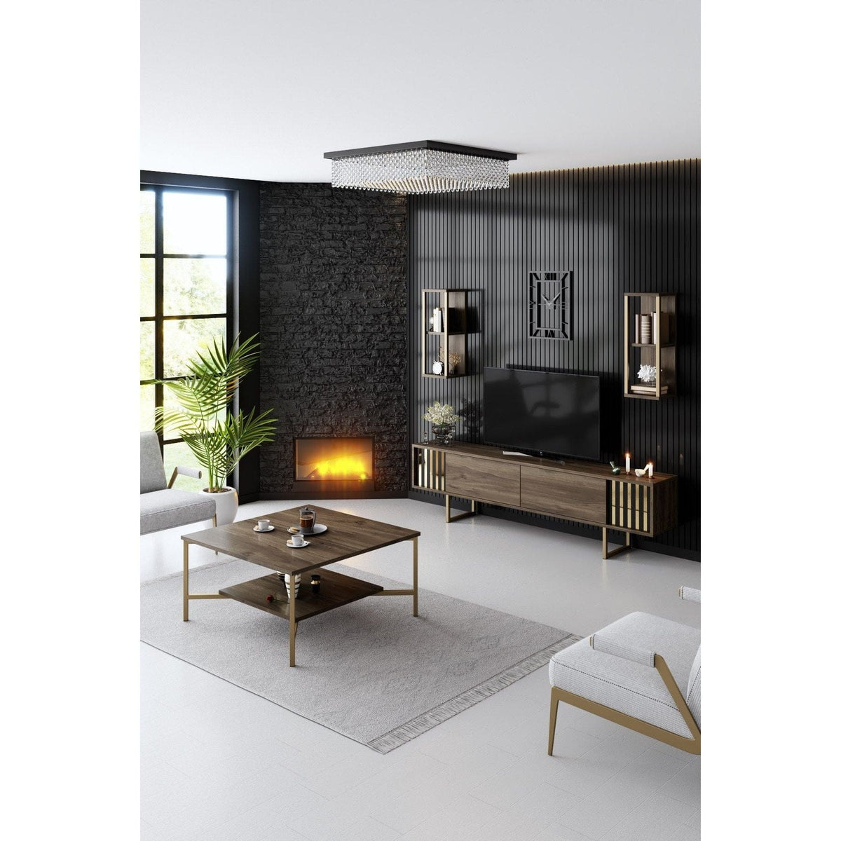 Mobilier living GOLD LINE, nuc/auriu, PAL melaminat/metal, 3 piese