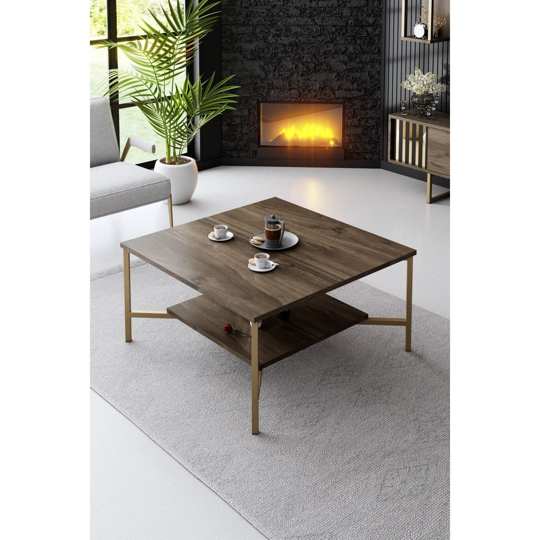 Mobilier living GOLD LINE, nuc/auriu, PAL melaminat/metal, 4 piese